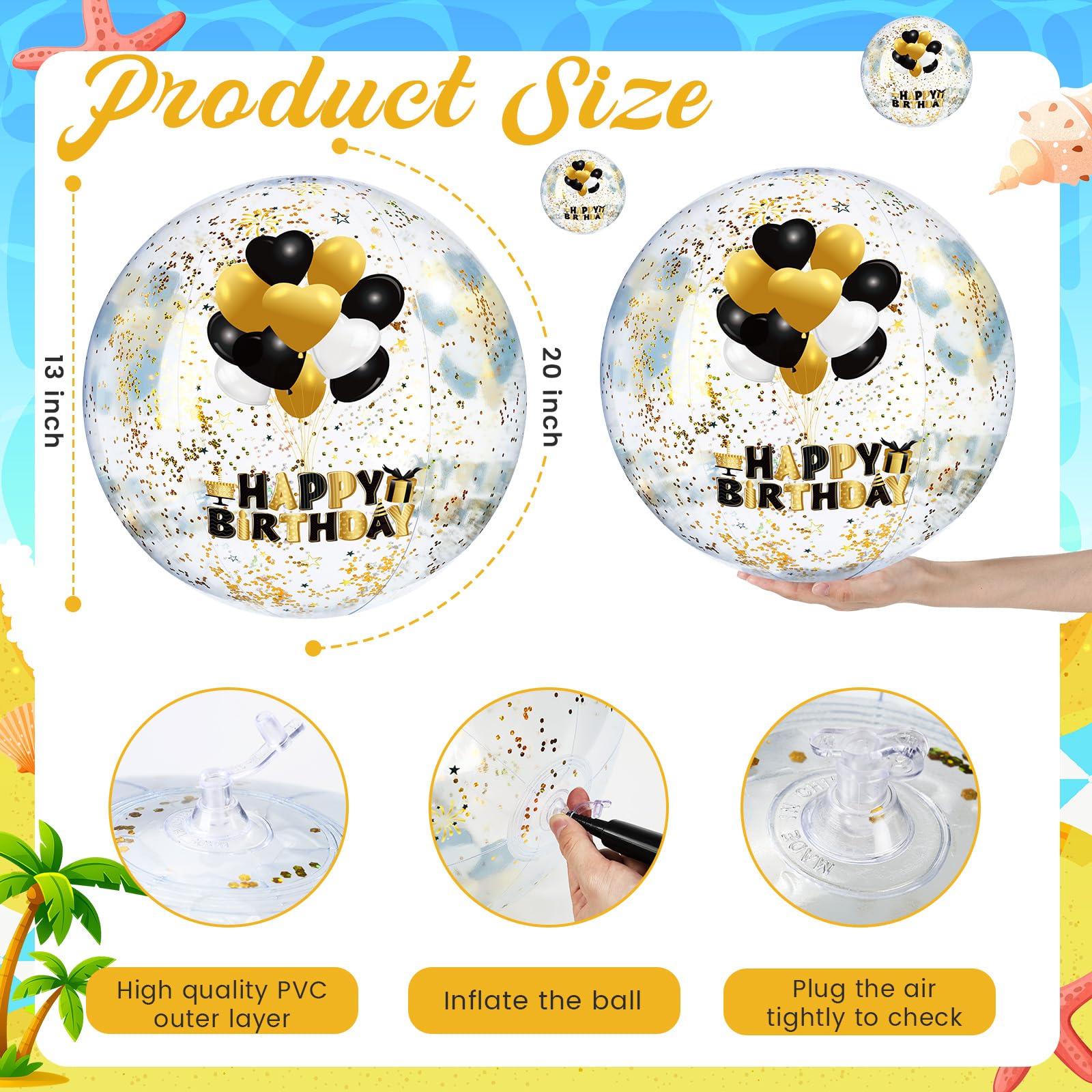 Hollowfly Lot de 4 grandes boules de plage gonflables « Happy Birthday » avec paillettes à l'intérieur de 50,8 cm pour décorations d'anniversaire, piscine, jeux d'eau, cadeaux de plage (noir, doré)