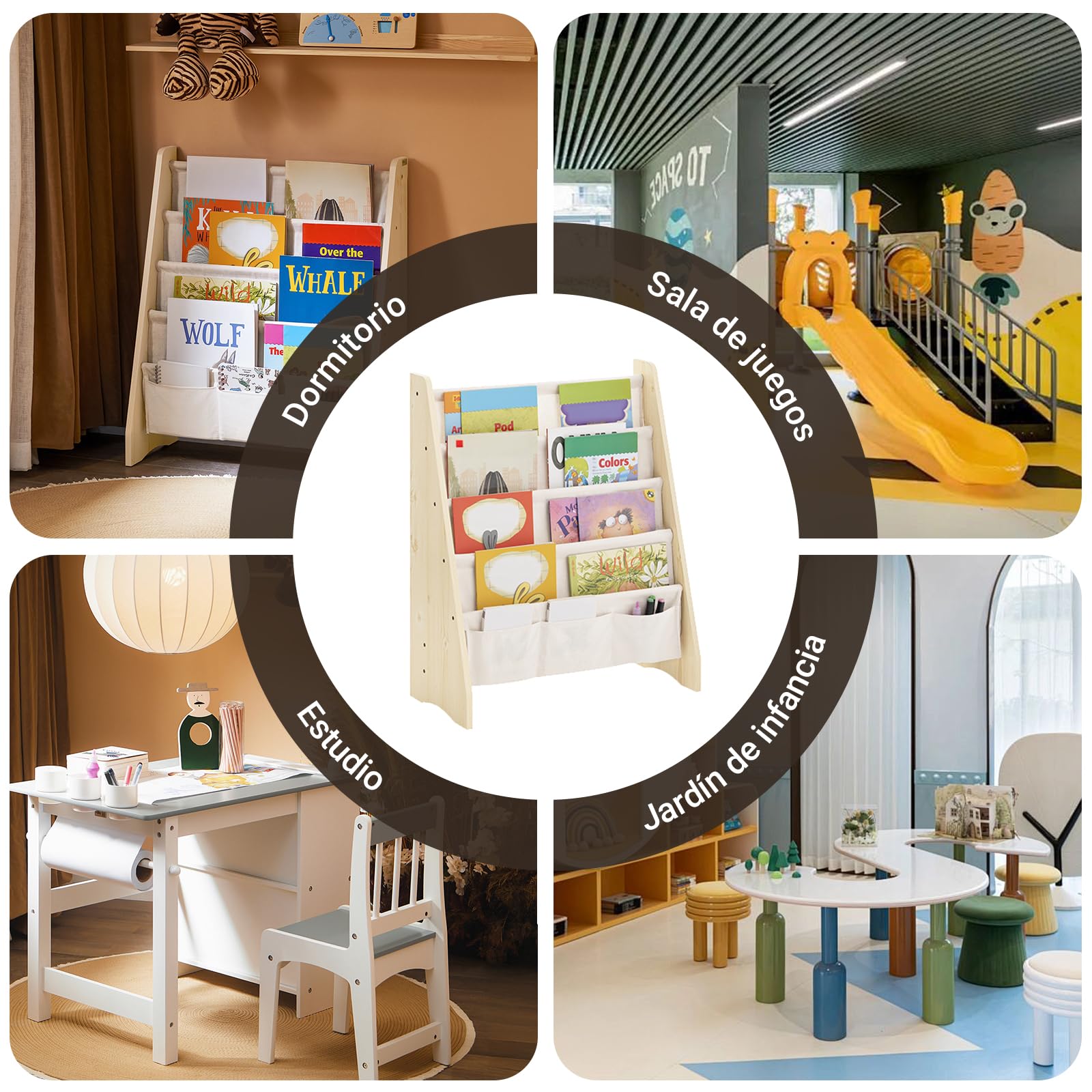 SoBuy Librería Infantil Montessori Estantería Libros Infantil con 4 Estantes y 3 Bolsillos de Tela Biblioteca para Almacenaje de Libros y Juguetes Natural 63x28x76cm KMB50-N