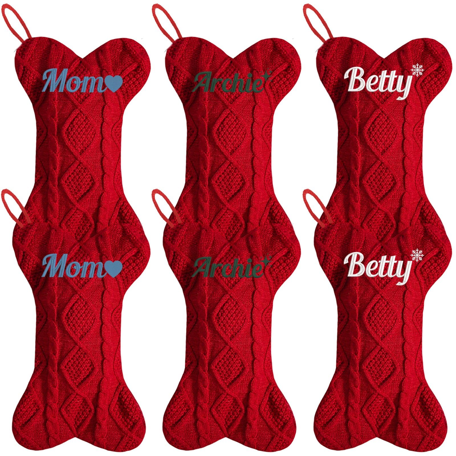 6 calze natalizie divertenti fai da te personalizzate da 41,5 cm a forma di osso con nome ricamato, calze natalizie ricamate a maglia per Natale, feste in famiglia, decorazioni per caminetto