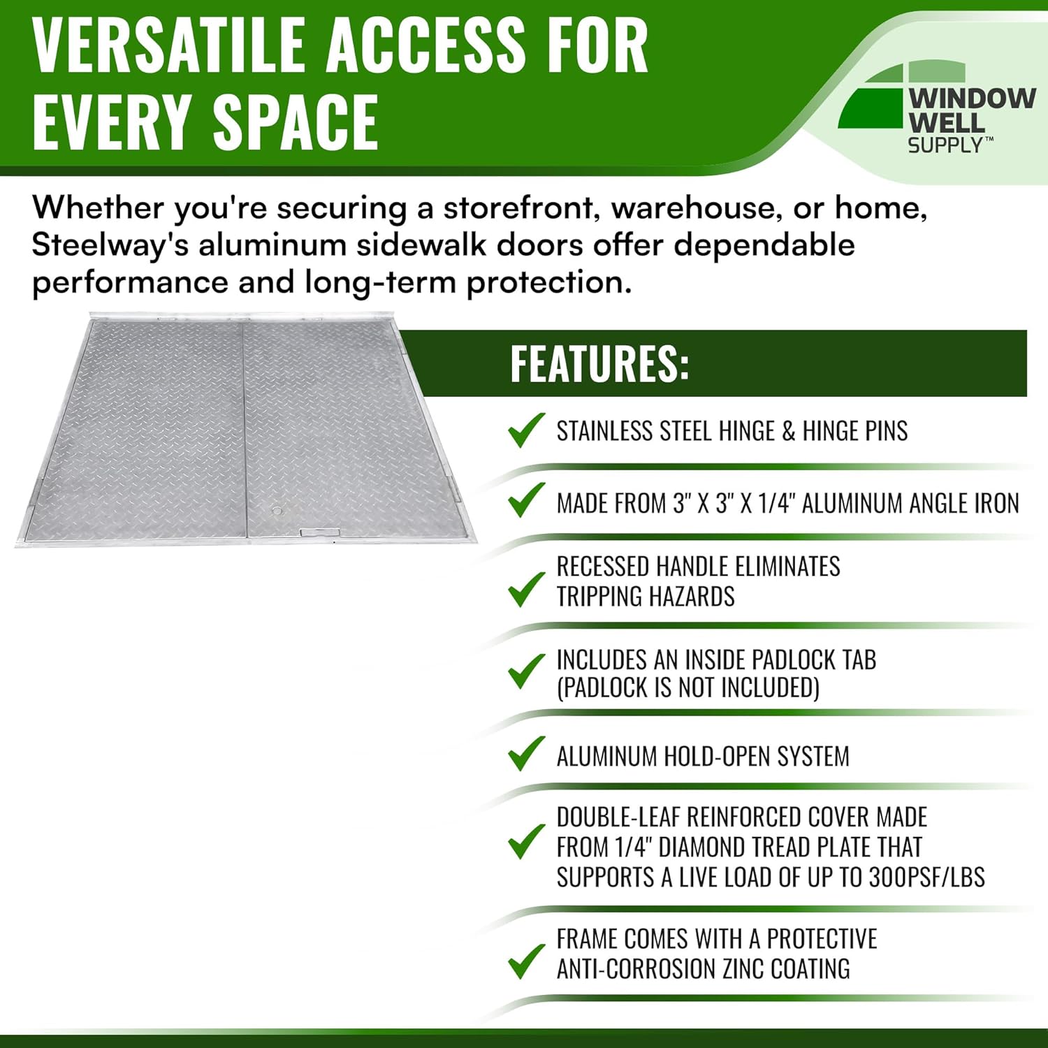 Steelway Aluminum Sidewalk Door with Diamond Tread Plate - Heavy-Duty Secure Access Door for Easy Cellar Entry and Basement Security - 48" L x 60" W