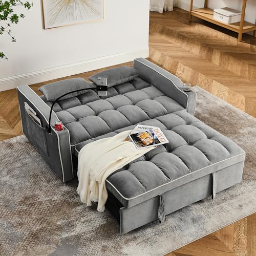 Merax Foldable Sofa Bed with 2 USB Charging Ports, Pull Out Velvet Loveseat Sleeper with Phone Holder, Modern Futon Couch with Cup Holders & Adjustable Backrest for Living Room,Grey