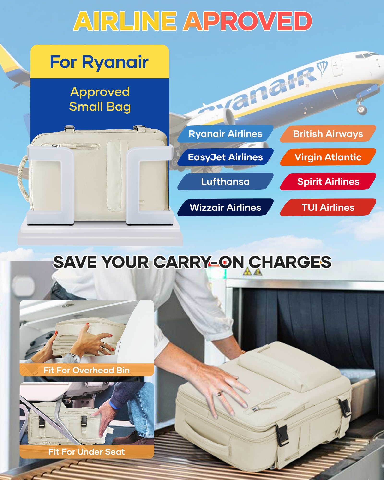 SZLX Zaino Ryanair 40x30x20 Sottovuoto Bagaglio a Mano 40x20x25 Donna Zaino da Viaggio 40x30x20 Wizzair Borse da Cabina per Easyjet 45x36x20 Uomo per Laptop 14 Pollici con Porta USB e Porta Scarpe