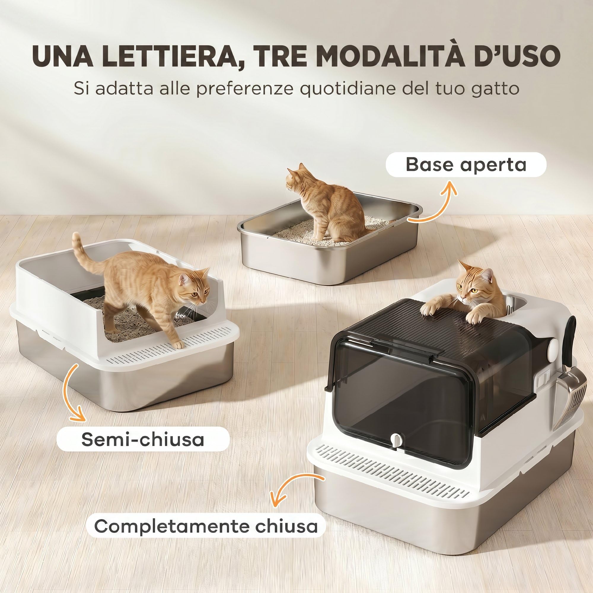 PawHut Lettiera per Gatti Chiusa XXL 20 kg Apribile 90° 70x50x46.5cm Bianco | Coperchio in Acciaio Inox, Doppie Porte, Paletta, Deodorante