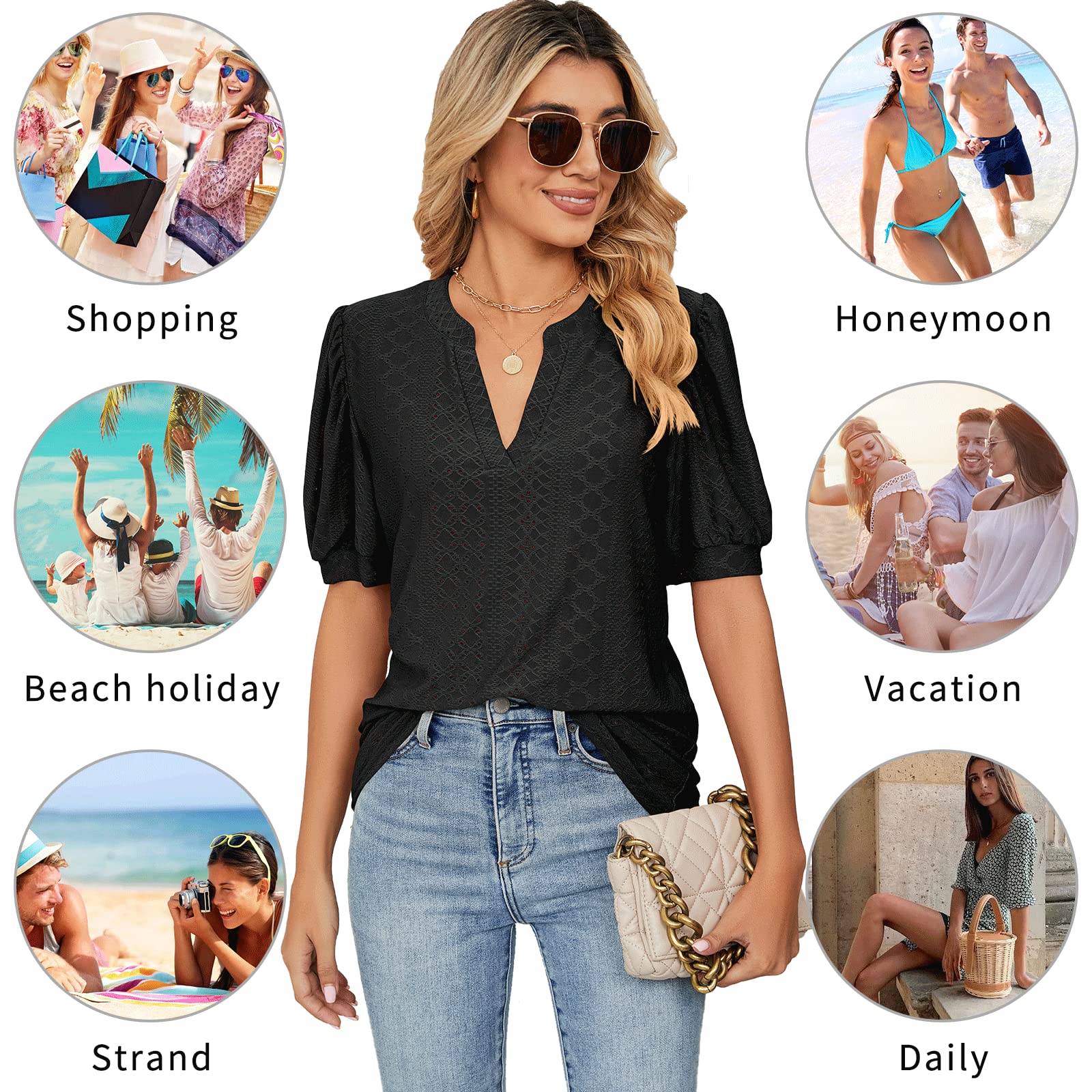 T Shirt Donna Estive con Scollo a V e Balze Manica Corta Magliette Donna Elegante Rilassato Bluse e Camicie da Donna