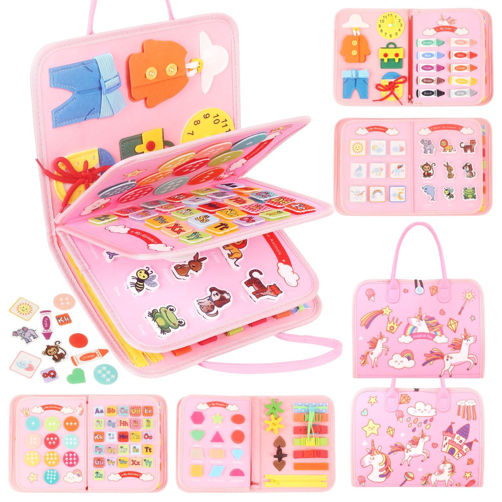 Busy Board Montessori de Fieltro Libro Montessori 2 Años Juguetes Educativos Motricidad Fina Libro Interactivo Juguetes Montessori para 2 3 4 Años Juguetes Niña 2 3 4 Años Regalos Niña 3 Años (Rosa)