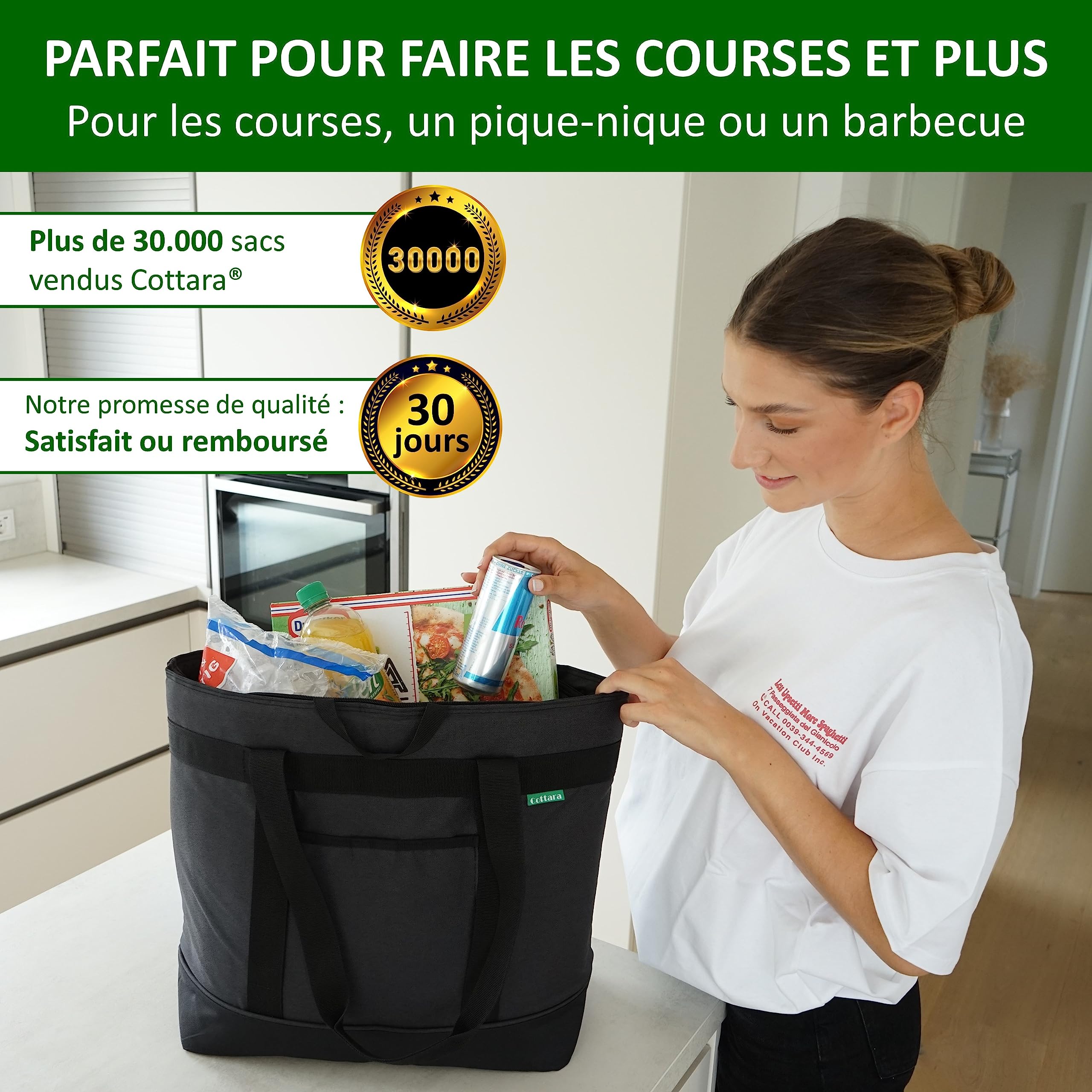 COTTARA® Grand sac isotherme pliable - Sac de courses stable avec une forte isolation pour chaud et froid - Idéal comme sac de courses, sac isotherme, sac de pique-nique, gris, XL - 30 Liter