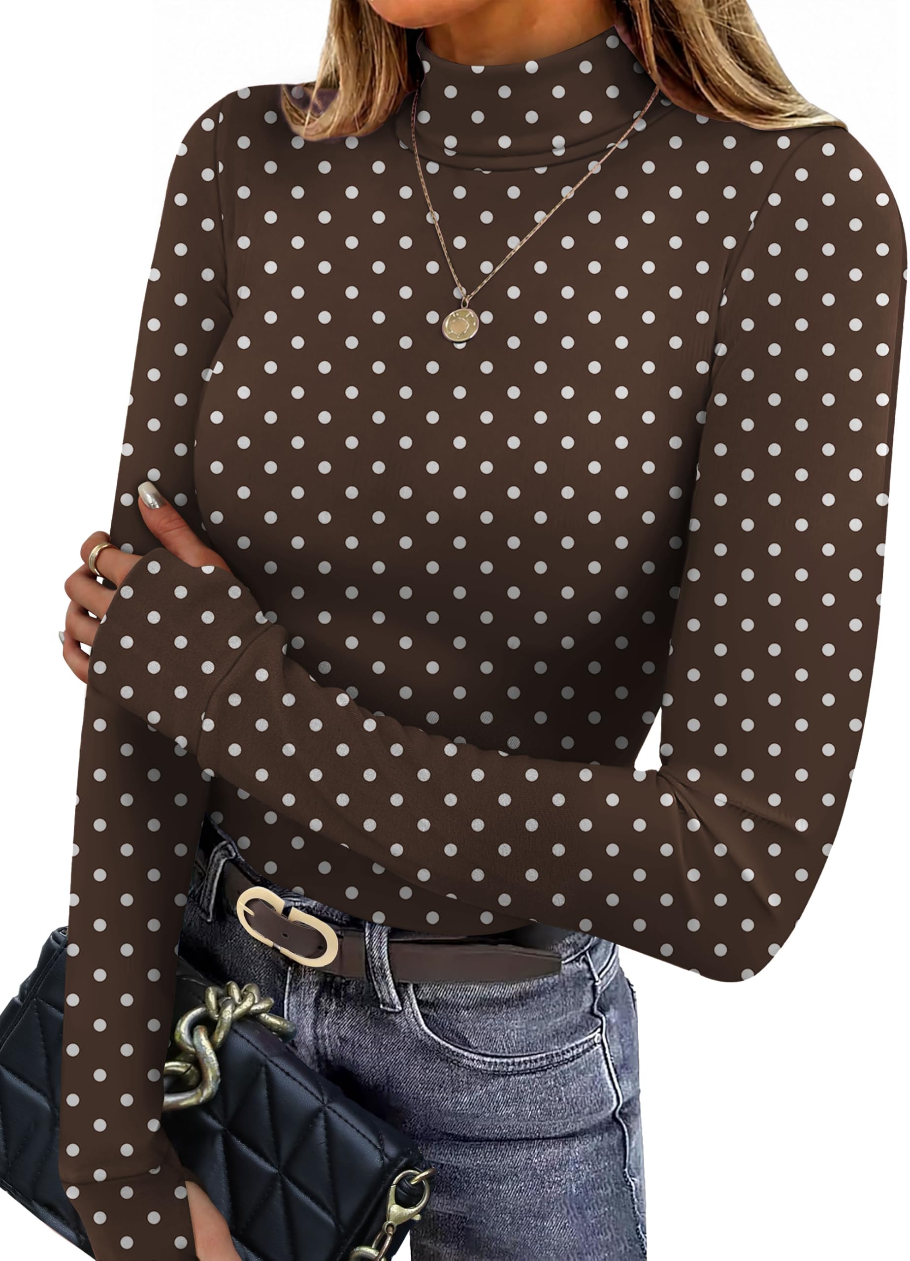 Polka Dot Top Slim Long Sleeve Turtleneck Y2K Tops Cowgirl Western Outfit L