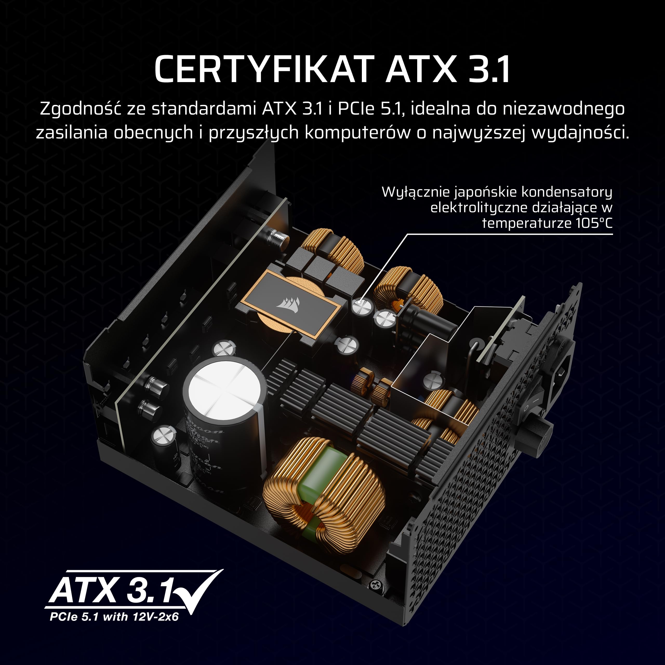 CORSAIR RM1000x W Pełni Modułowy Zasilacz ATX o Niskim Poziomie Hałasu – Zgodny z ATX 3.1 – Obsługa PCIe 5.1 – Sprawność Cybenetics Gold – Natywne złącze 12V-2x6 – Czarny