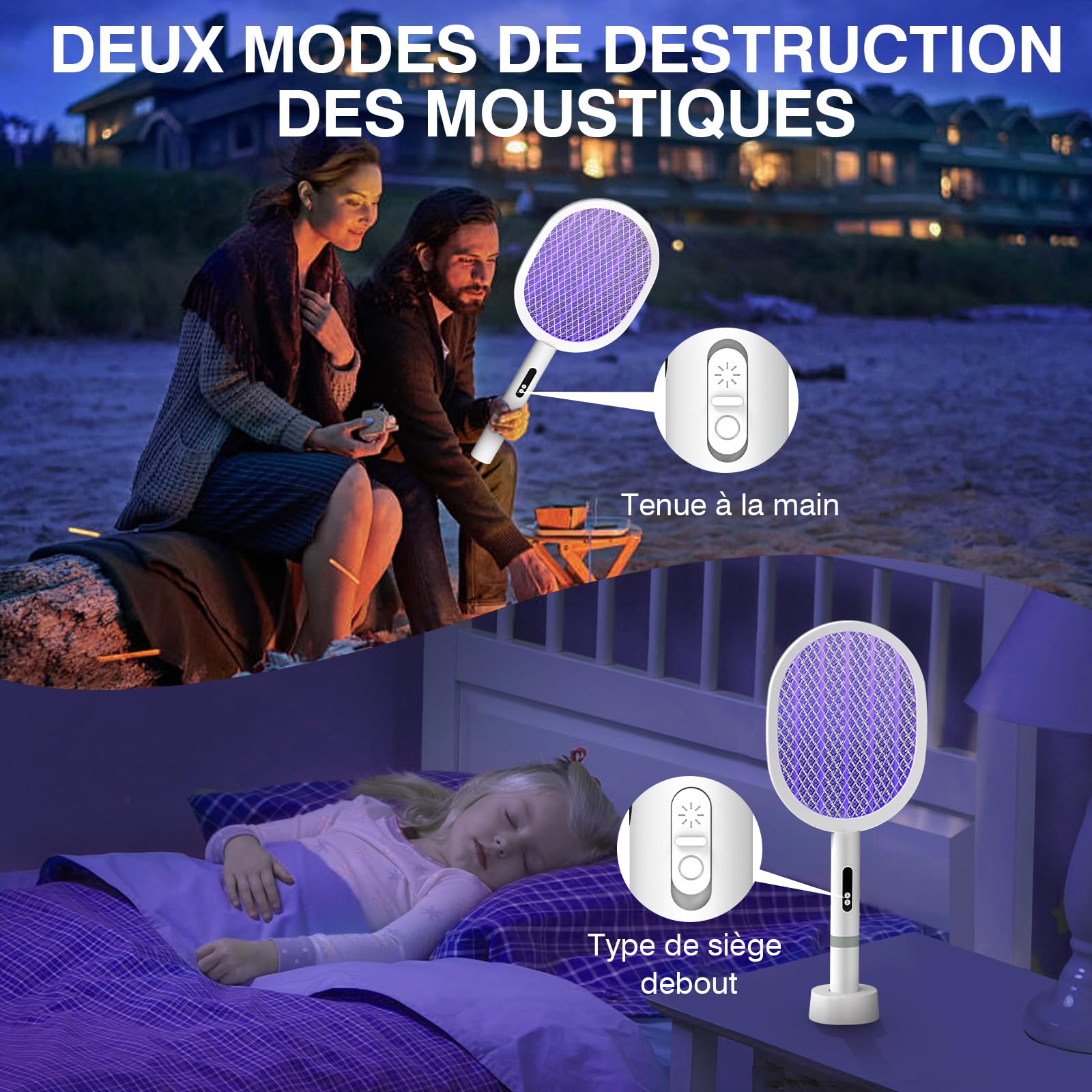 PALONE Raquette Electrique Insectes 1800mAH Chargement, Raquette Moustique Electrique Type-C Amovible, Répulsif Électronique Anti Moustiques et intenses, pour Intérieur et Extérieur (Blanc,1PC)