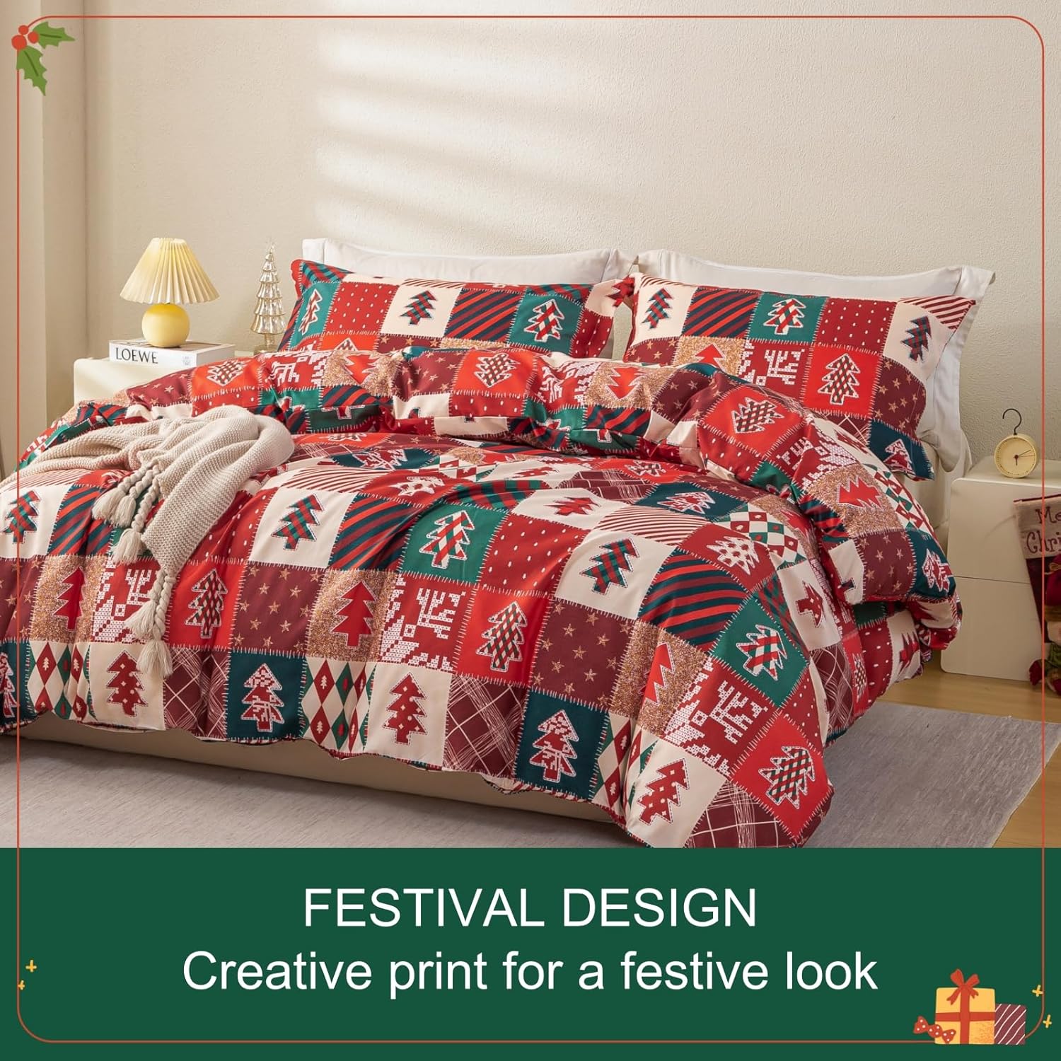OAITE Christmas Duvet Cover Queen Size - Christmas Holiday Printed Duvet Cover Set - Holiday Bedding Decorations, Includes with 3 Piece (2 Pillow Shams,1 Duvet Cover) - Image 2