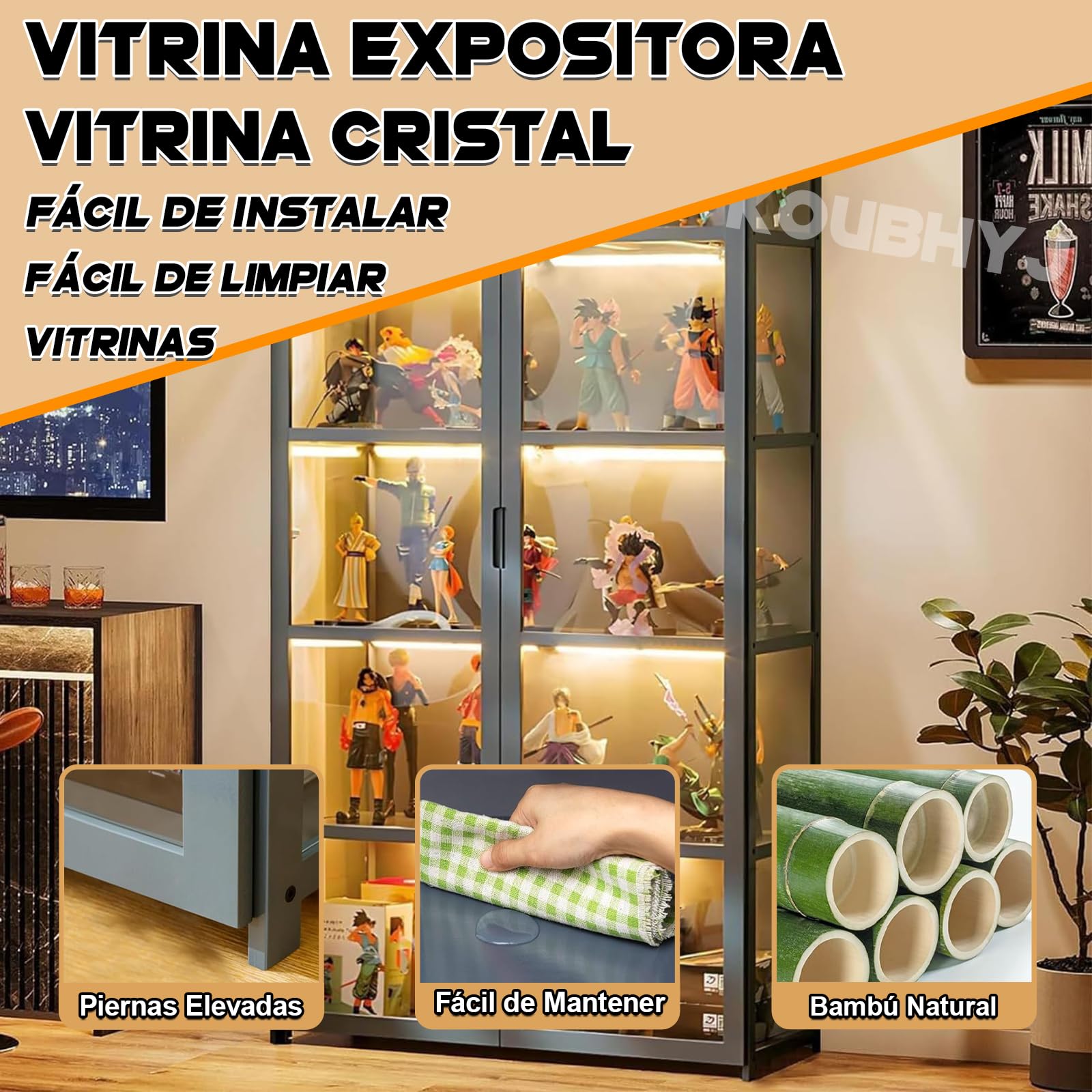 Vitrina Expositora, Multifuncional de Vidrio a Prueba de Polvo, Diseño de Puerta de Gabinete con Solapa, Vitrina Cristal para Dormitorios, Salas de Estar, 42x33x130cm Color de la Madera