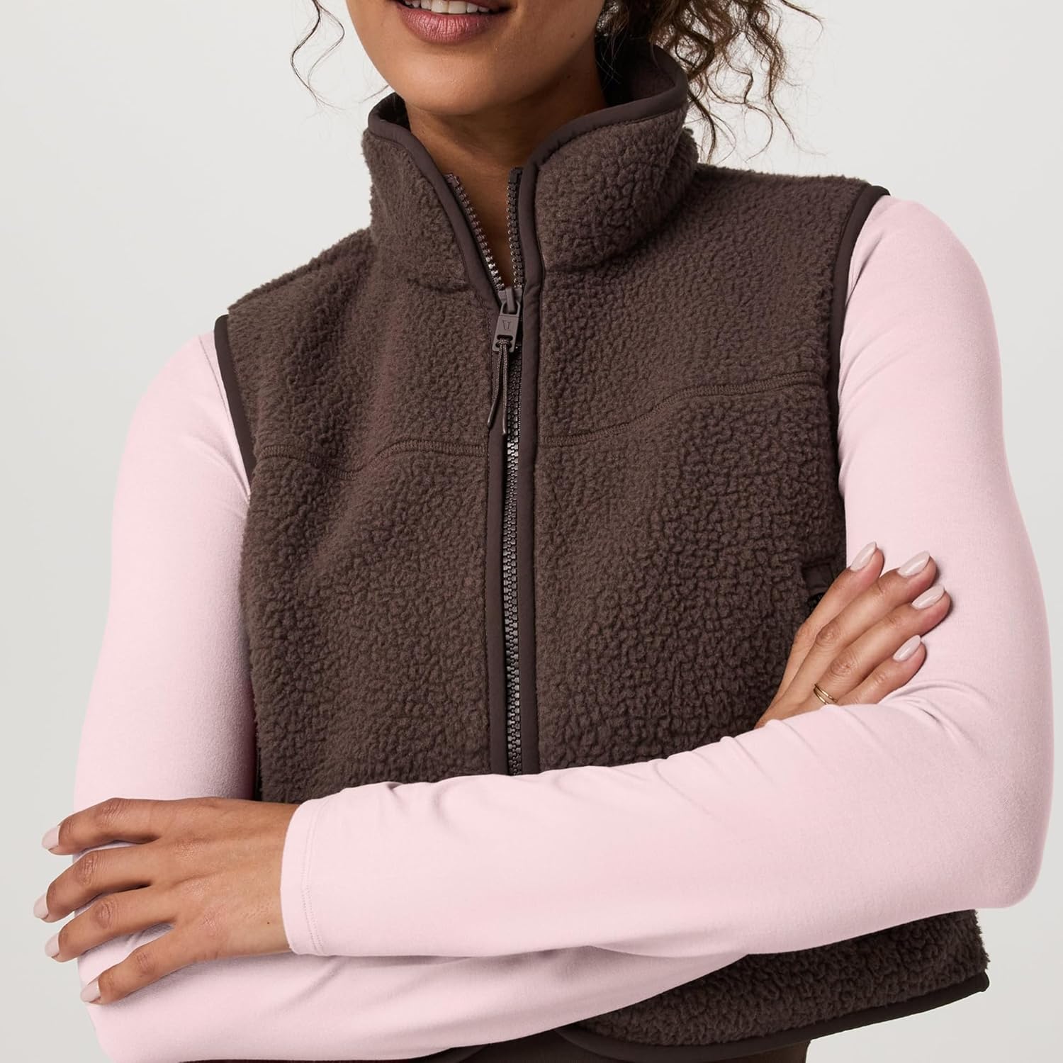 Cropped Fleece Vest Women Zip Up Stand Collar Warm Sherpa Vest Fall Cute Sleeveless Fleece Waistcoat with Pocket - Image 7