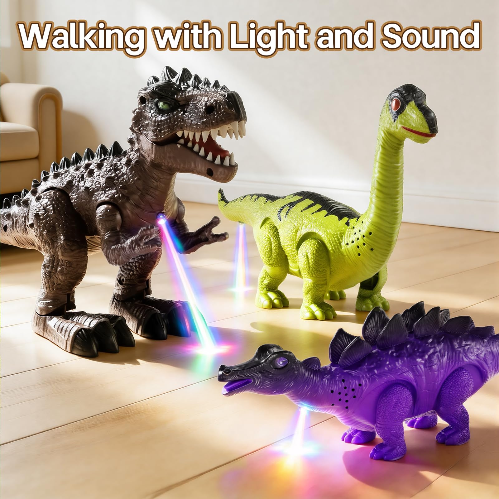 3 en 1 Juego de Dinosaurio Caminante Realista con Sonidos Naturales, 3 Figuras de Tyrannosaurus, Brachiosaurus, Triceratops, Regalo para Niños de 3+ Años.