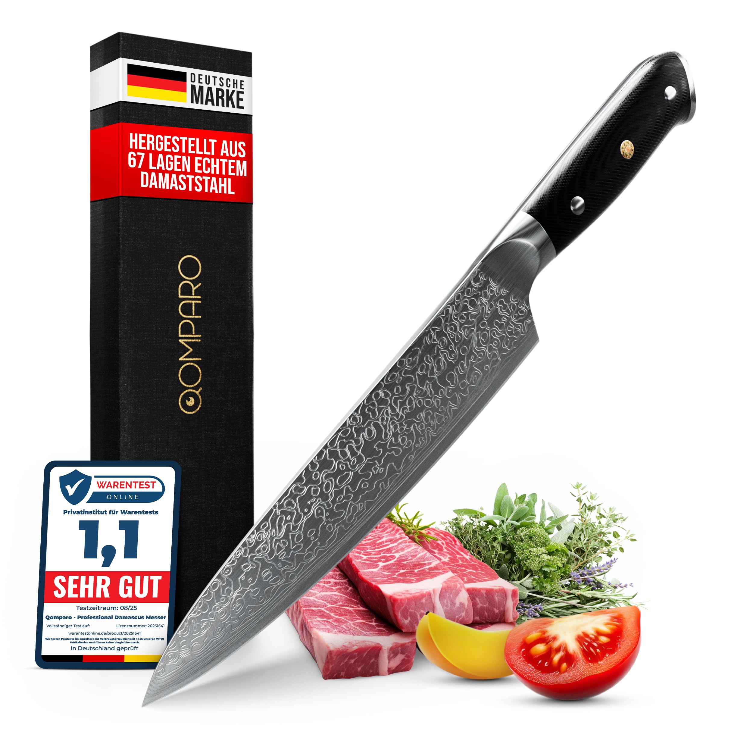 Qomparo Damastmesser Profi Kochmesser 20cm-Klinge 67 Lagen Damaststahl | Japanisches Kochmesser extrem scharf mit ergonomischem G-10 Griff inkl Geschenkverpackung
