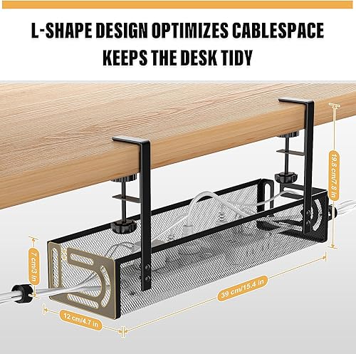 Miniatura 6 de Paquete de 2 bandejas para organizar cables debajo del escritorio, sin taladros, bandeja de cables de malla metálica con abrazadera para gestión de