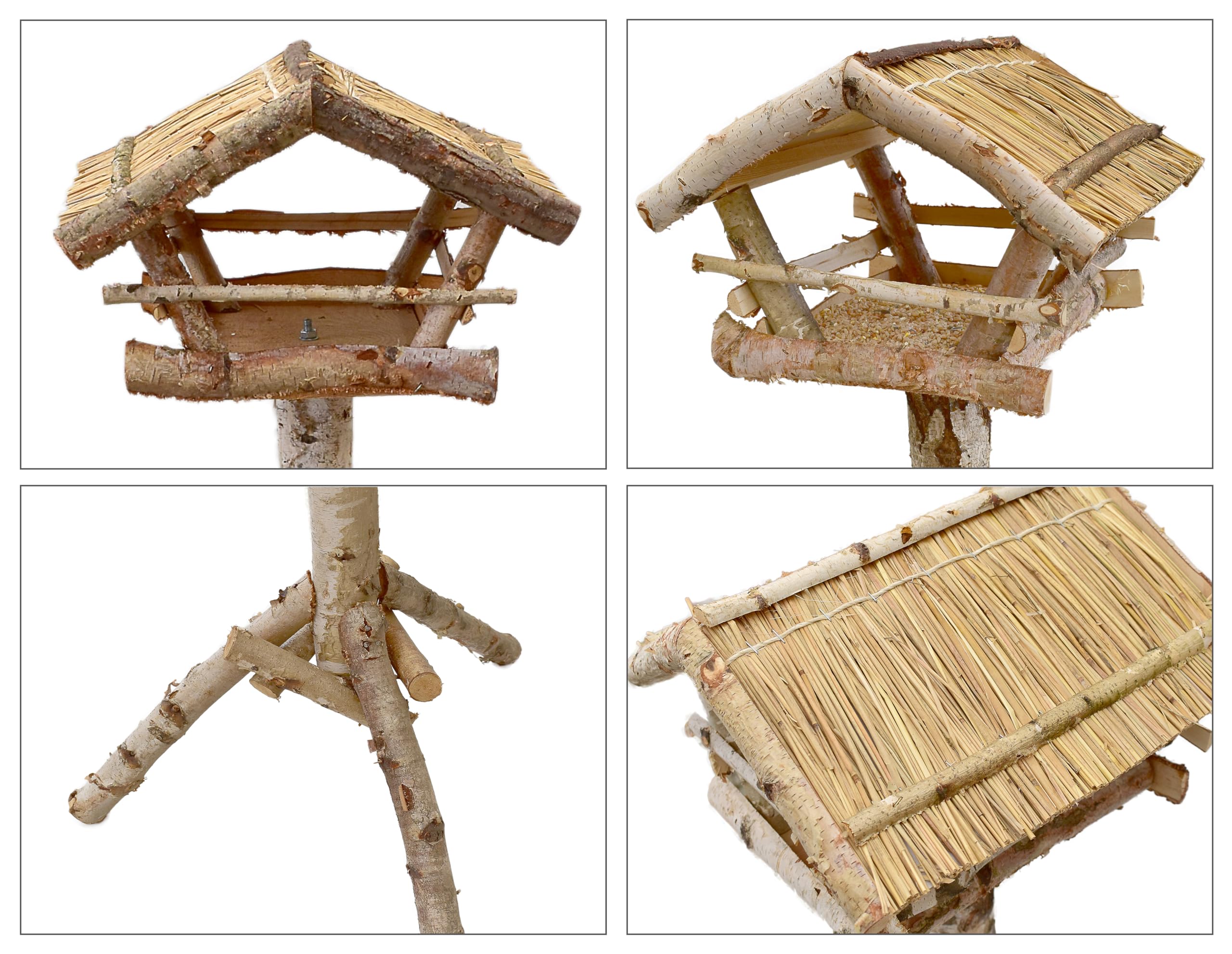 Vogelhaus aus Birkenholz 132cm mit Ständer Vogelfutterhaus Futterhaus Vogelhäuschen Vogel Ständer Reetdach Natur