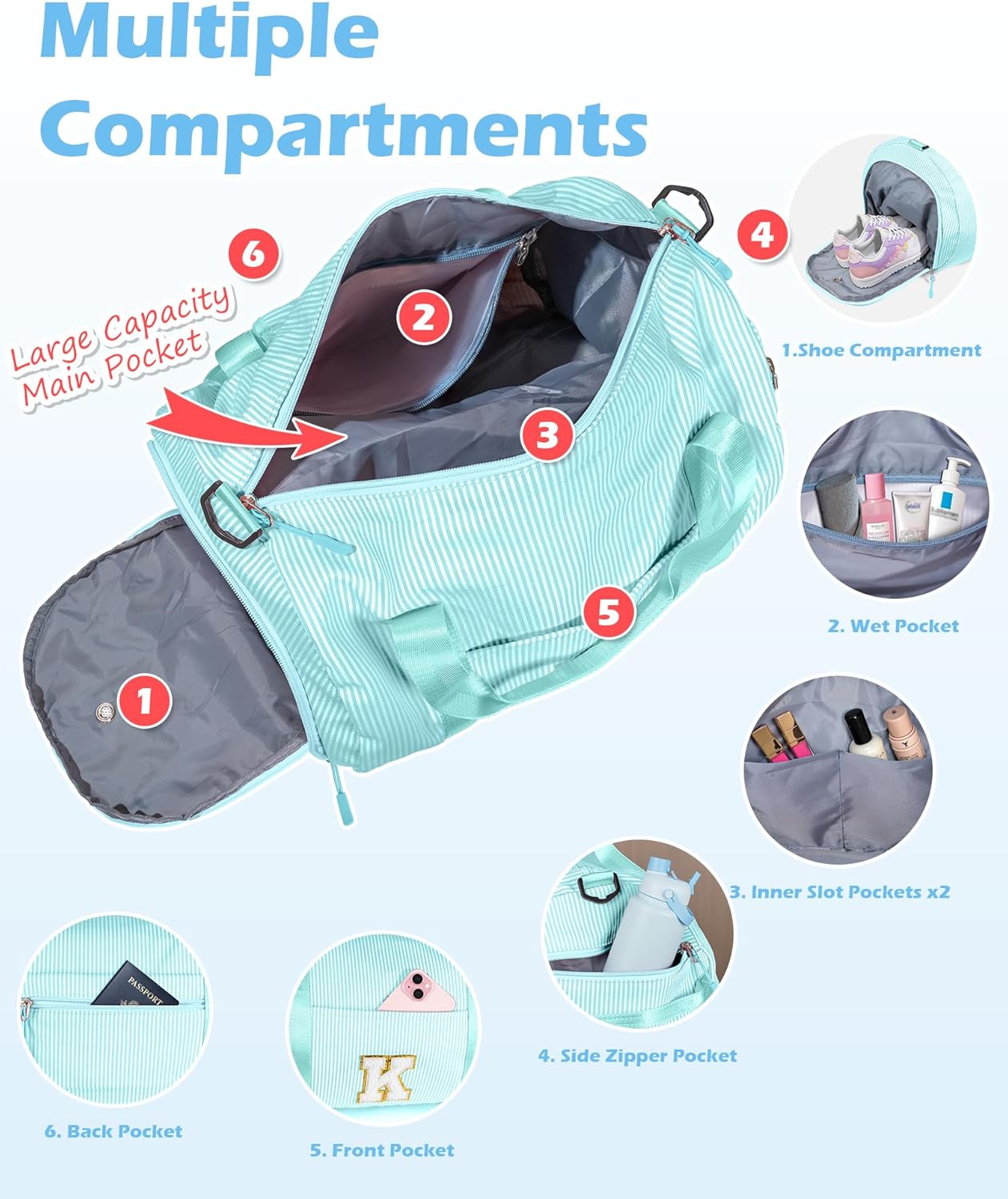 Gift for Teenager, Girls Travel Duffle Bag, Kids Initial Overnight Bags with Shoe Compartment, Personalized Weekend Bag with Cosmetic Pouch, Fashion Stuff for Teen Girl (Letter A) - Image 6