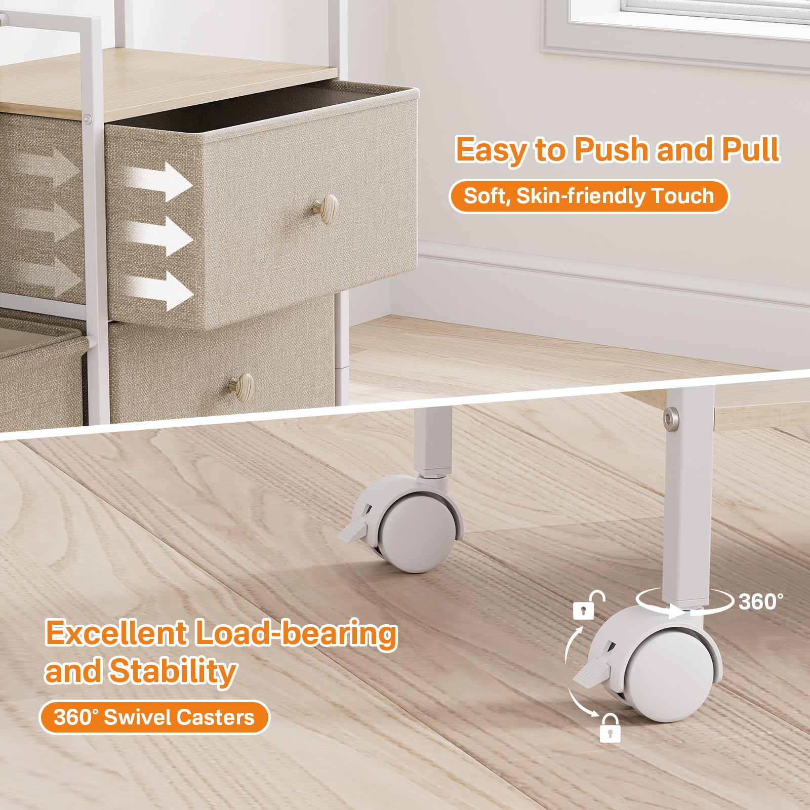 Organizador y almacenamiento para bebés, carrito rodante de 3 niveles con separadores y cajones, fácil de montar, carrito móvil con ruedas para guardería, dormitorio, cambiador y cuna, blanco 5