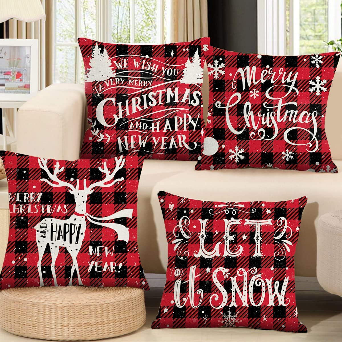Christmas Cushion Covers Set of 4 - Red Black Tartan Xmas Cushion Cover 18x18, Linen Cushion Covers Square Pillowcase for Sofa Car Home Christmas Decor Xmas Decorations