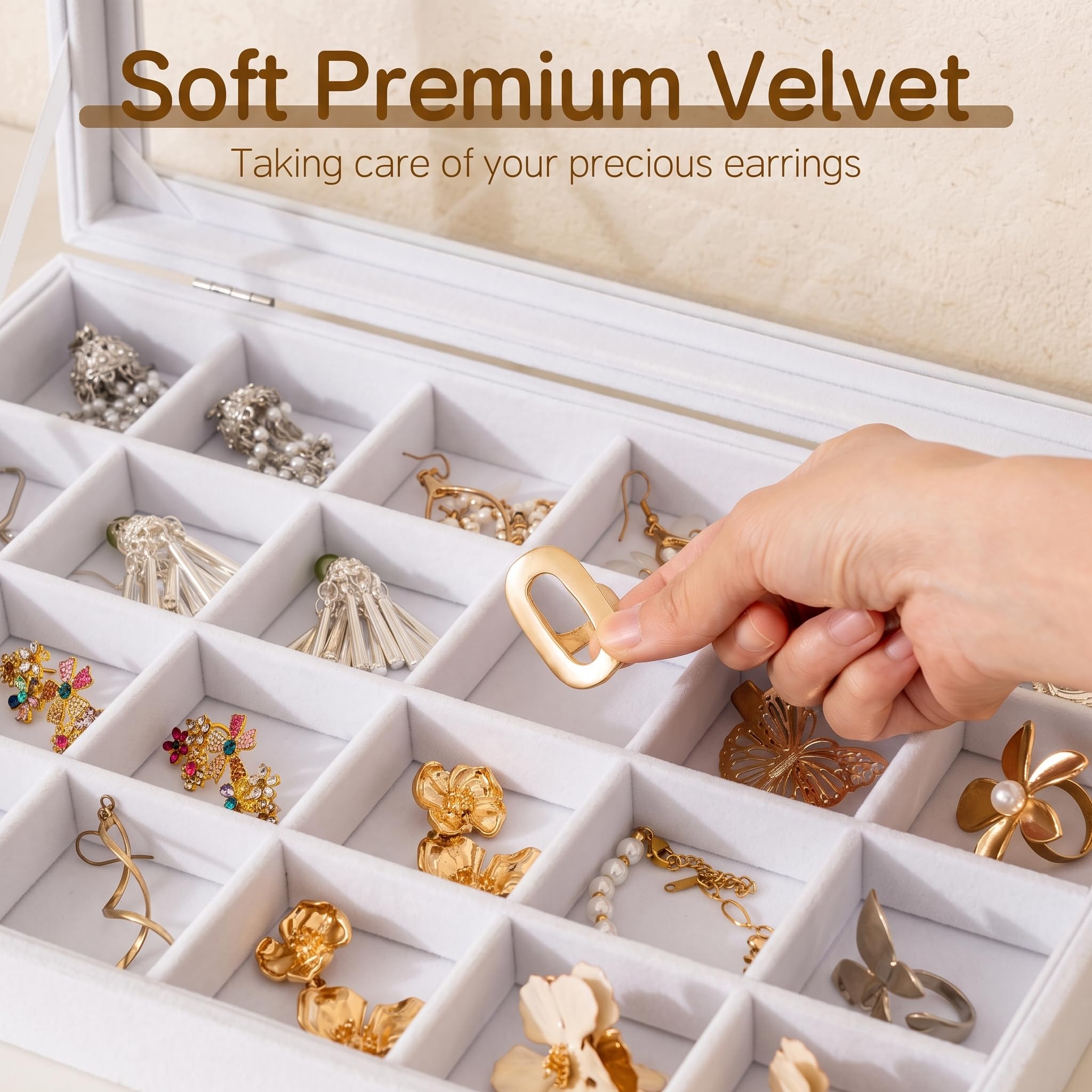 Frebeauty Plateau de rangement à bijoux avec couvercle transparent - 24 compartiments - Boîte de rangement en velours avec couvercle en verre transparent - Présentoir à bijoux avec serrure - Cadeau