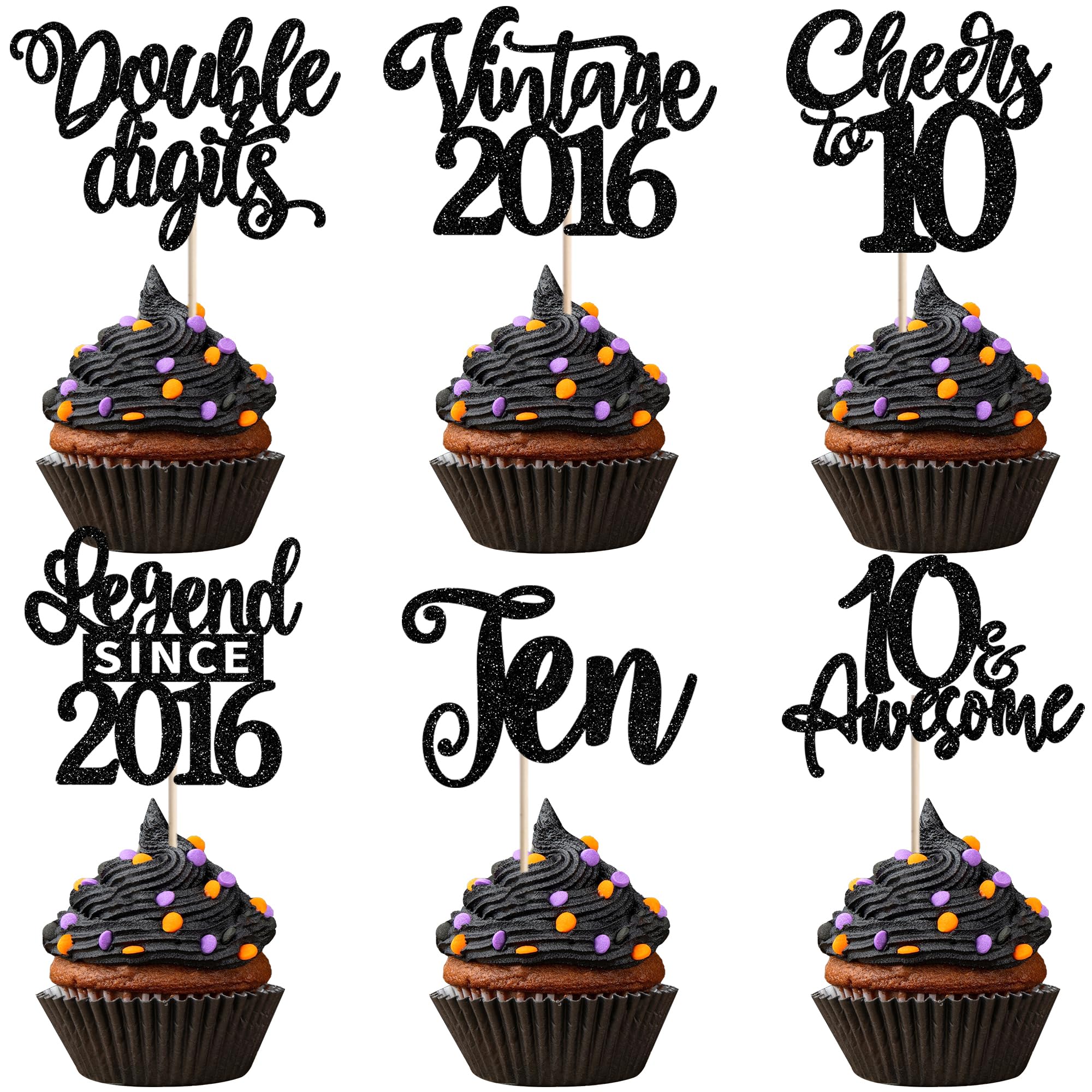 24PCS Black 10th Birthday Cupcake Toppers Ten Double Digits Vintage 2016 Cupcake Picks Cheers to 10 Lengend Since 2016 Cake Decorations for Happy 10th