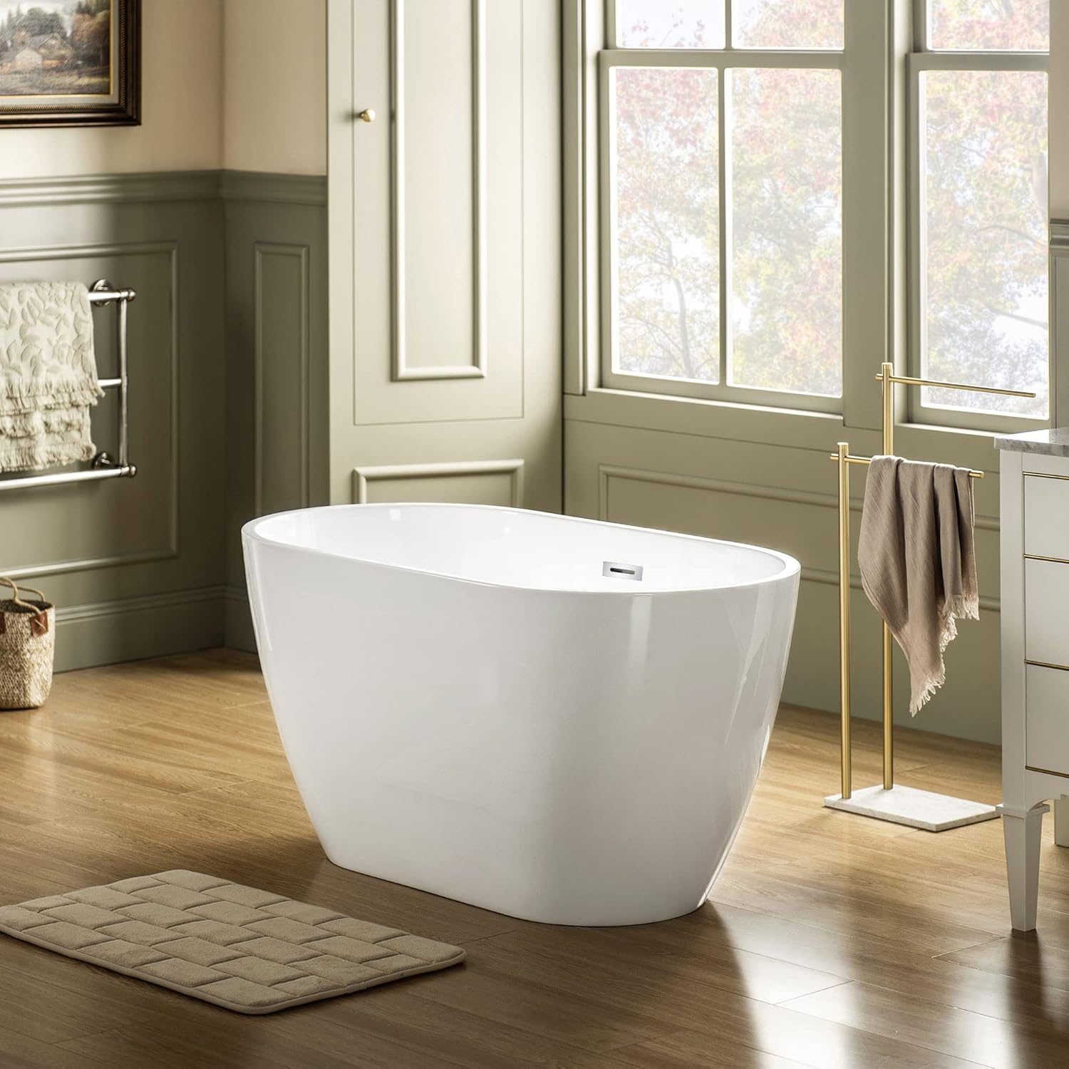 WOODBRIDGE 48" Acrylic Freestanding Bathtub Contemporary Soaking Tub, White Acrylic(Chrome Drain/Overflow),BTA1703-C-Drain&O