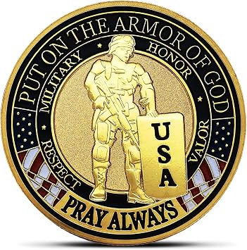 US Police Officer Armor of God Challenge Coin - Pray Always Inspirational Gift for Military Personnel Golden