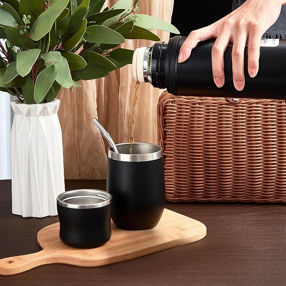 Dandat 2 Pieces Yerba Mate Cup and Vacuum Bottle Kit 12 oz Yerba Mate Gourd Cup and Bombilla Set for Travel, Turn The Cup Upside Down to Pour out All The Water (Black)