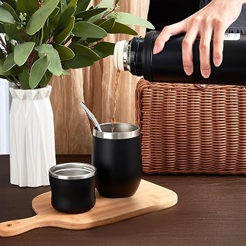 Dandat 2 Pieces Yerba Mate Cup and Vacuum Bottle Kit 12 oz Yerba Mate Gourd Cup and Bombilla Set for Travel, Turn The Cup Upside Down to Pour out All The Water (Black)