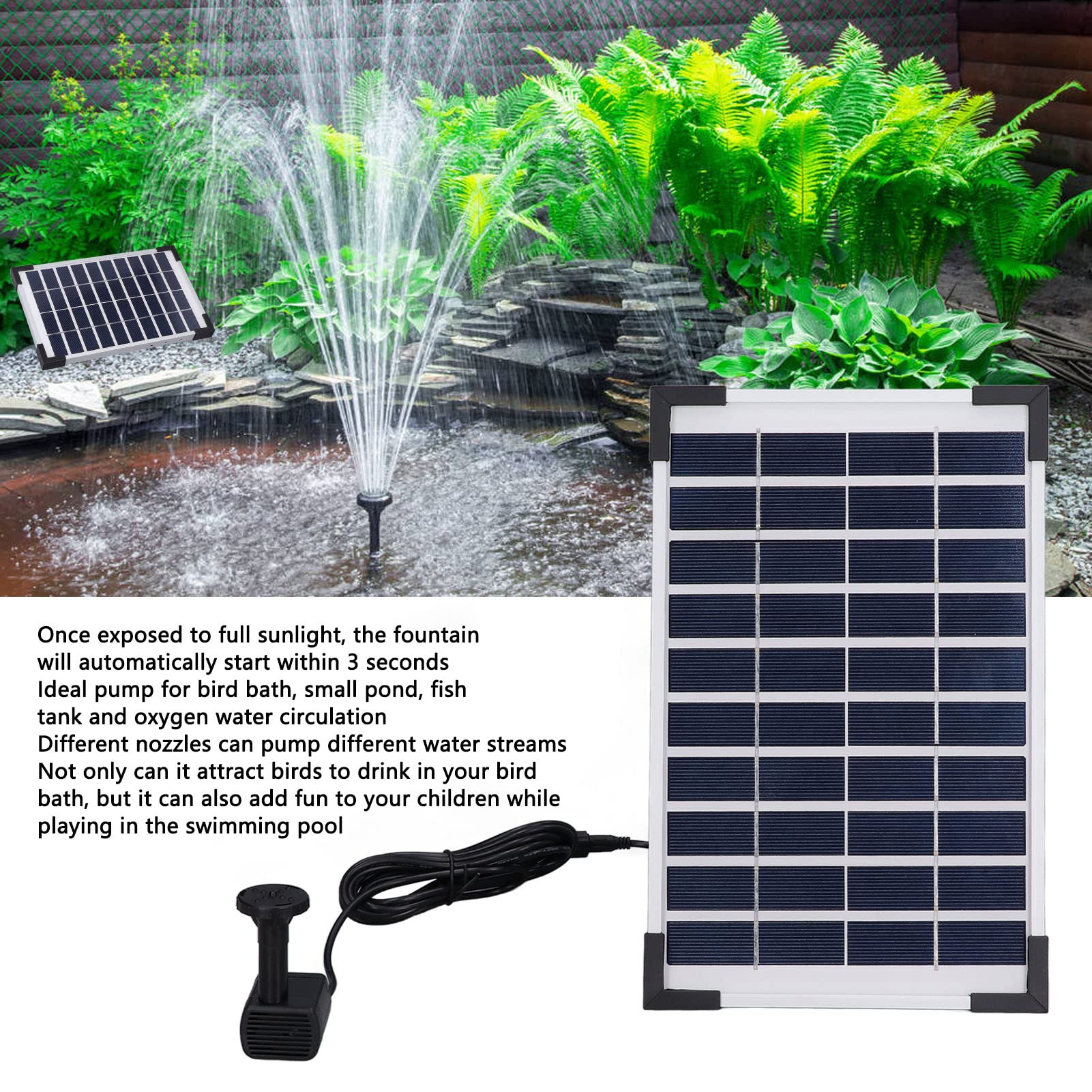 Kit Fontana Solare 10V 5W Pompa Acqua Galleggiante con Ugelli per Giardini e Piscine 27,5x17,5 Cm