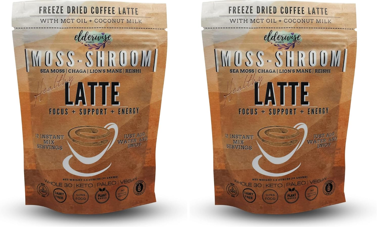 Elderwise Coffee - Latte - Lion's Mane, Chaga, Reishi, Cordyceps, MCT Oil, Coconut Cream & Sea Moss - 12 Servings - Freeze Dried Instant Coffee - Chemical free - Fair Trade (Pack of 2)