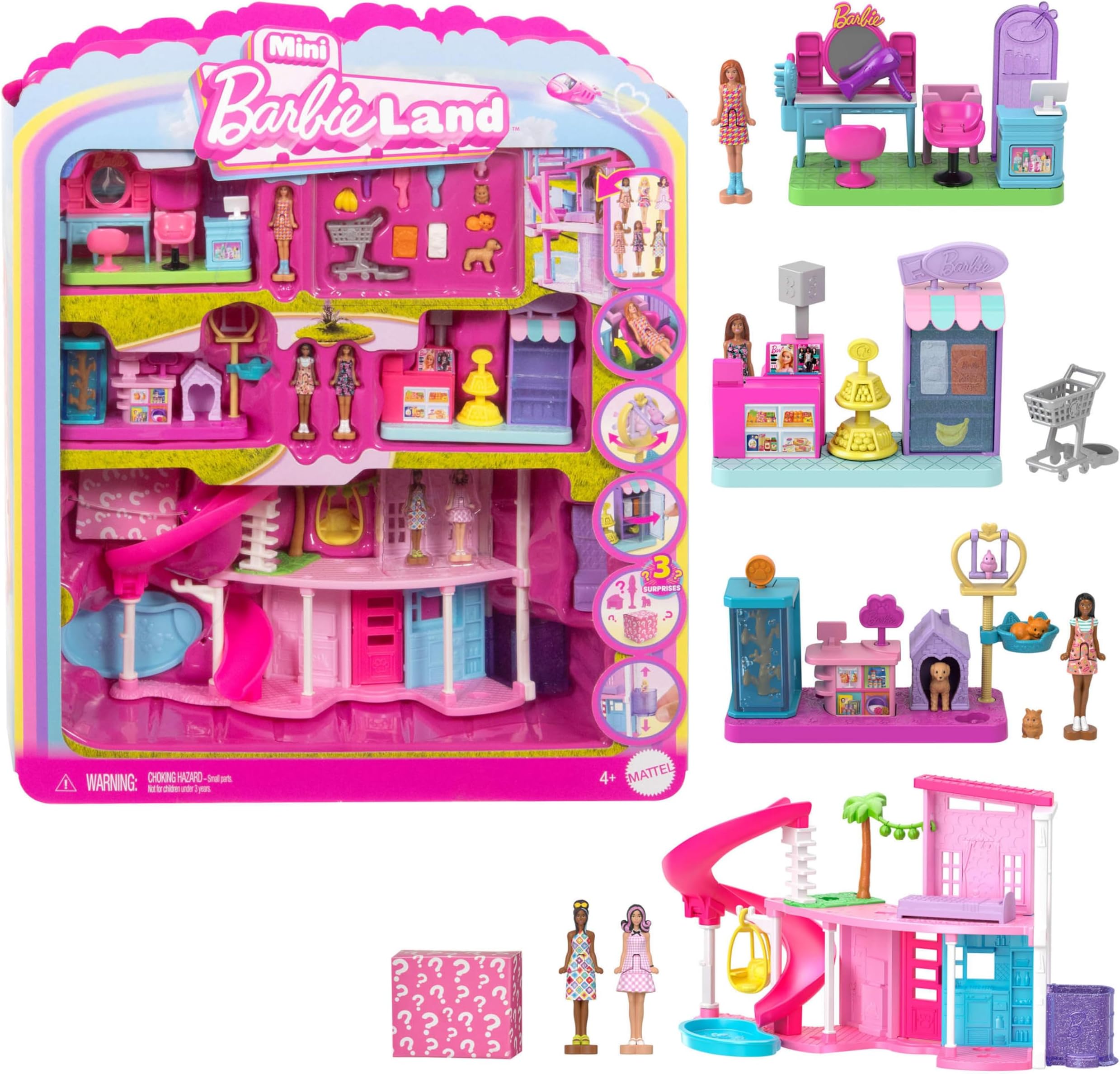 Mini Barbie Land DreamHouse & 3 Playsets with 4 1.5-Inch Dolls, Doll House Furniture & Accessories, Includes Pet Boutique, Hair Salon, & SuperMarket, JGL31