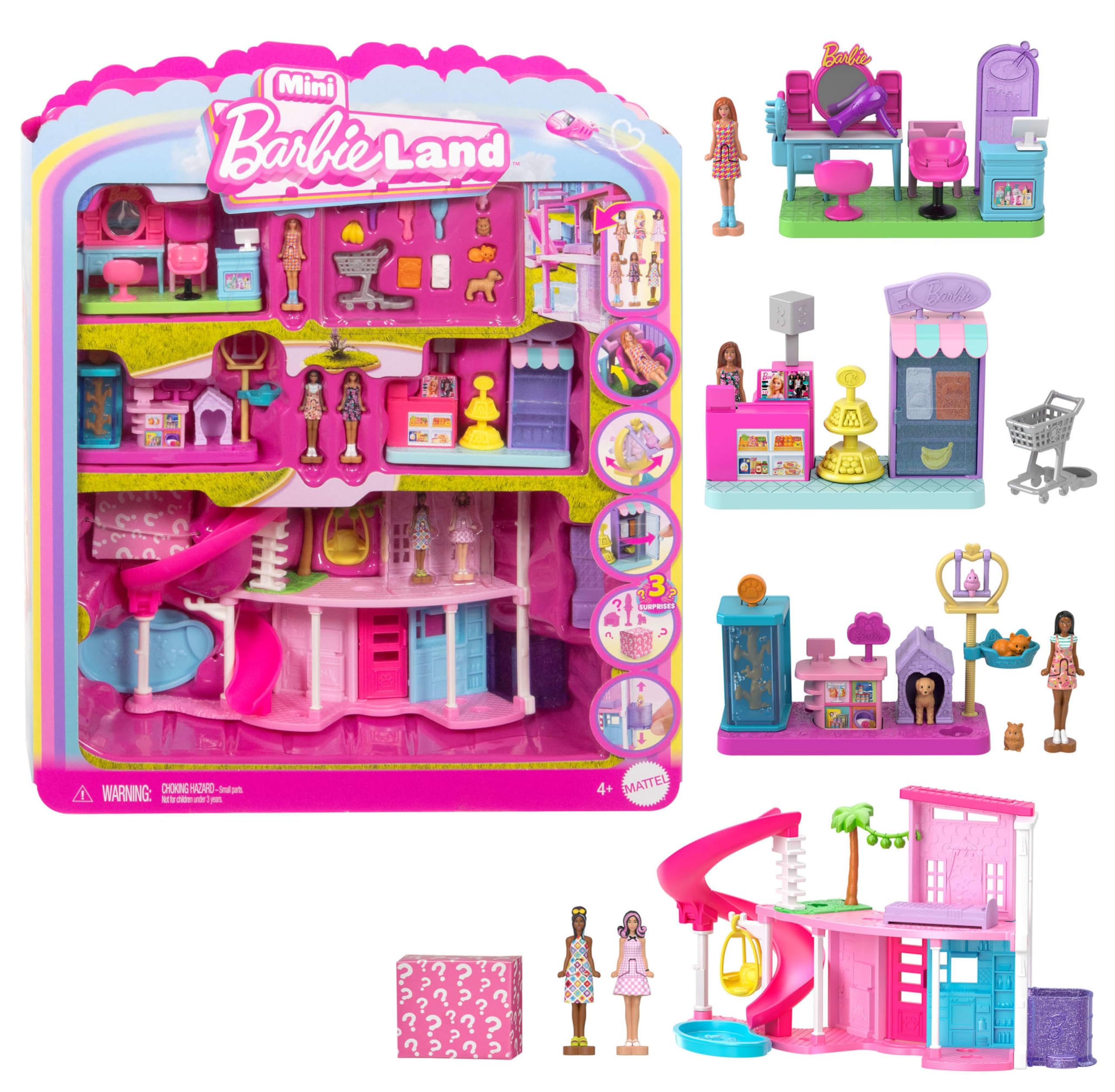Barbie Mini Barbie Land DreamHouse & 3 Playsets with 4 1.5-Inch Dolls, Doll House Furniture & Accessories, Includes Pet Boutique, Hair Salon, & SuperMarket, JGL31
