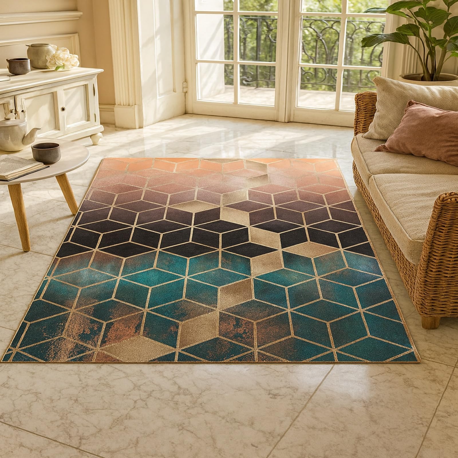 Tapis pour salon moderne bleu et orange dans votre entrée