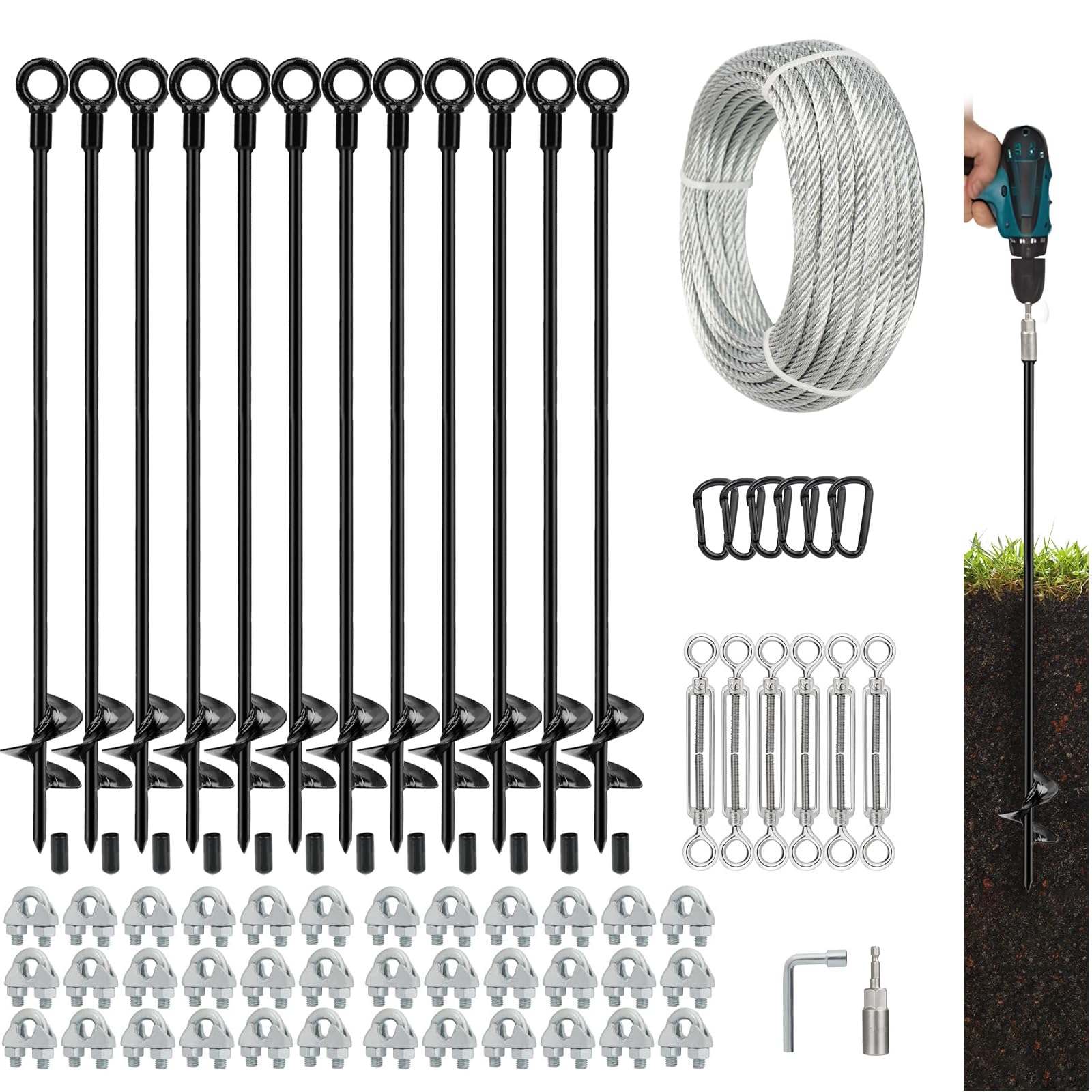 Photo 1 of Tinnmao 30 Inch Ground Anchors Heavy Duty, 12 Pcs Screw in Shed Anchor Kit with Galvanized Cable & Turnbuckle, Multi-Use Earth Anchors for Sheds, Trampolines, Gazebo, Swing Sets, Carport