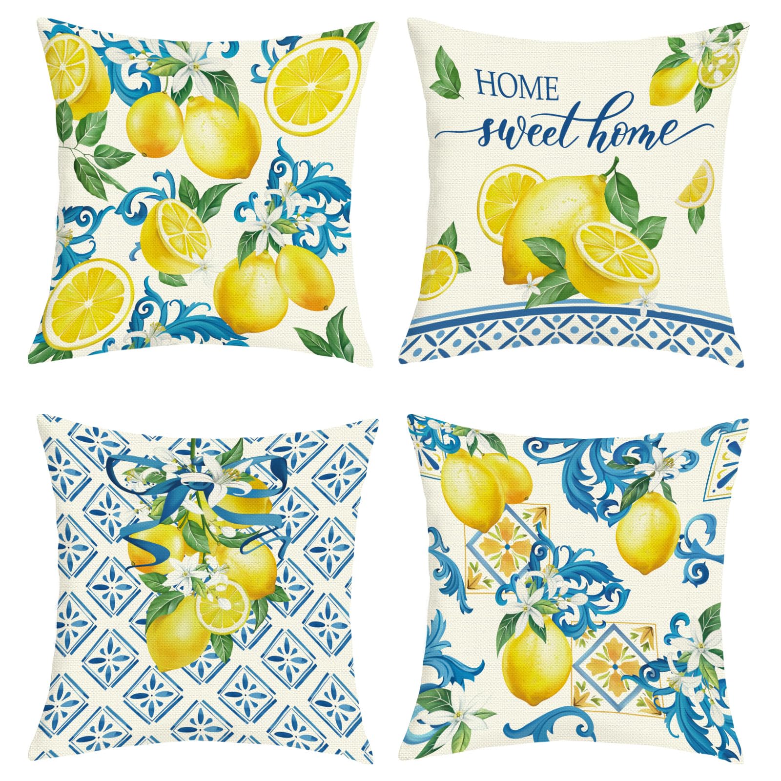 Joymaison 40x40 Pack of 4 Mediterranean Lemon Throw Pillow Cushion Covers