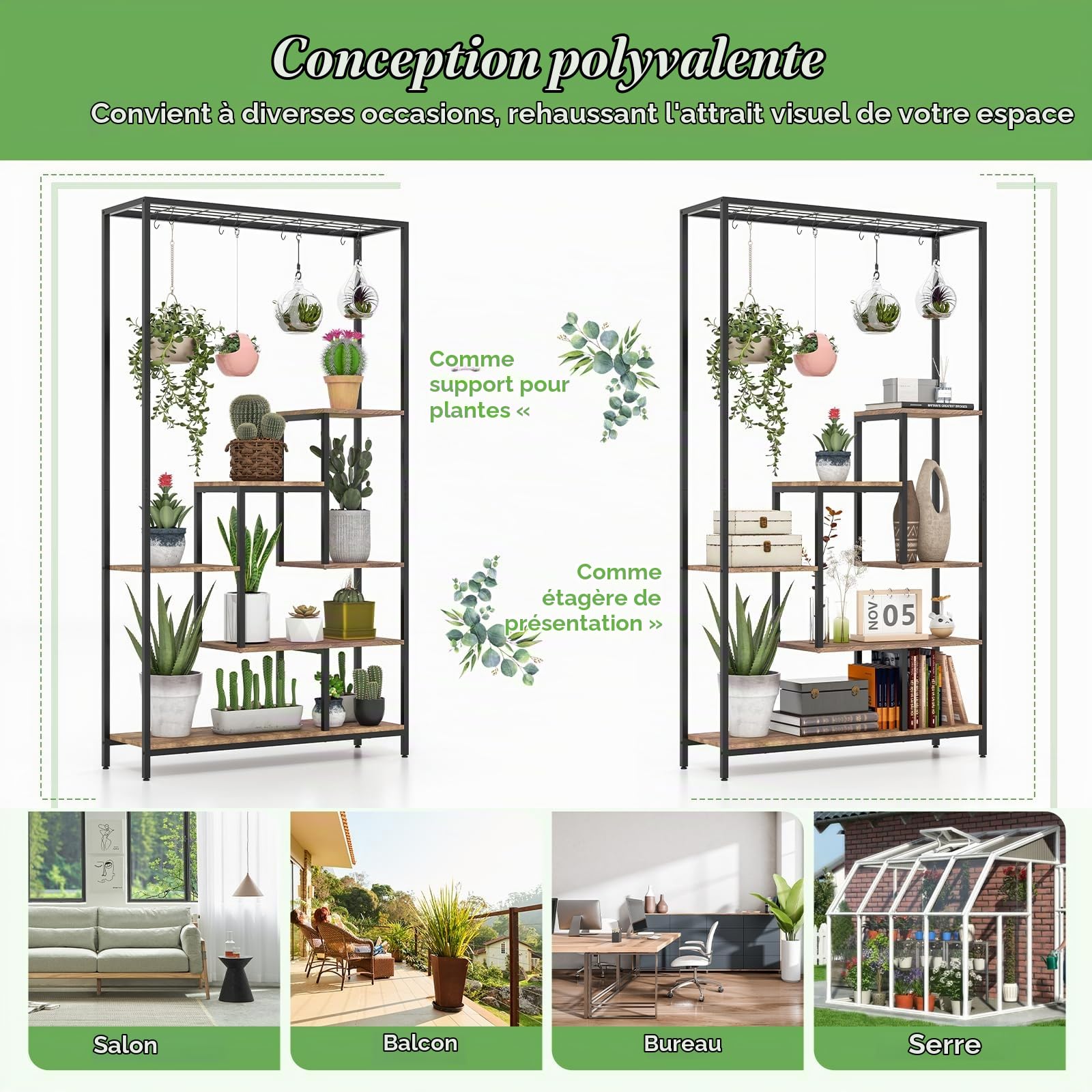 GOPLUS Support Plantes Intérieur avec 6 Étagères, Porte Plante Intérieur pour Pots de Fleurs, 10 Crochets, Étagère à Fleur en Bois et en Métal, Idéal pour Balcon, Salon, 100 x 30 x 180 CM (Marron)
