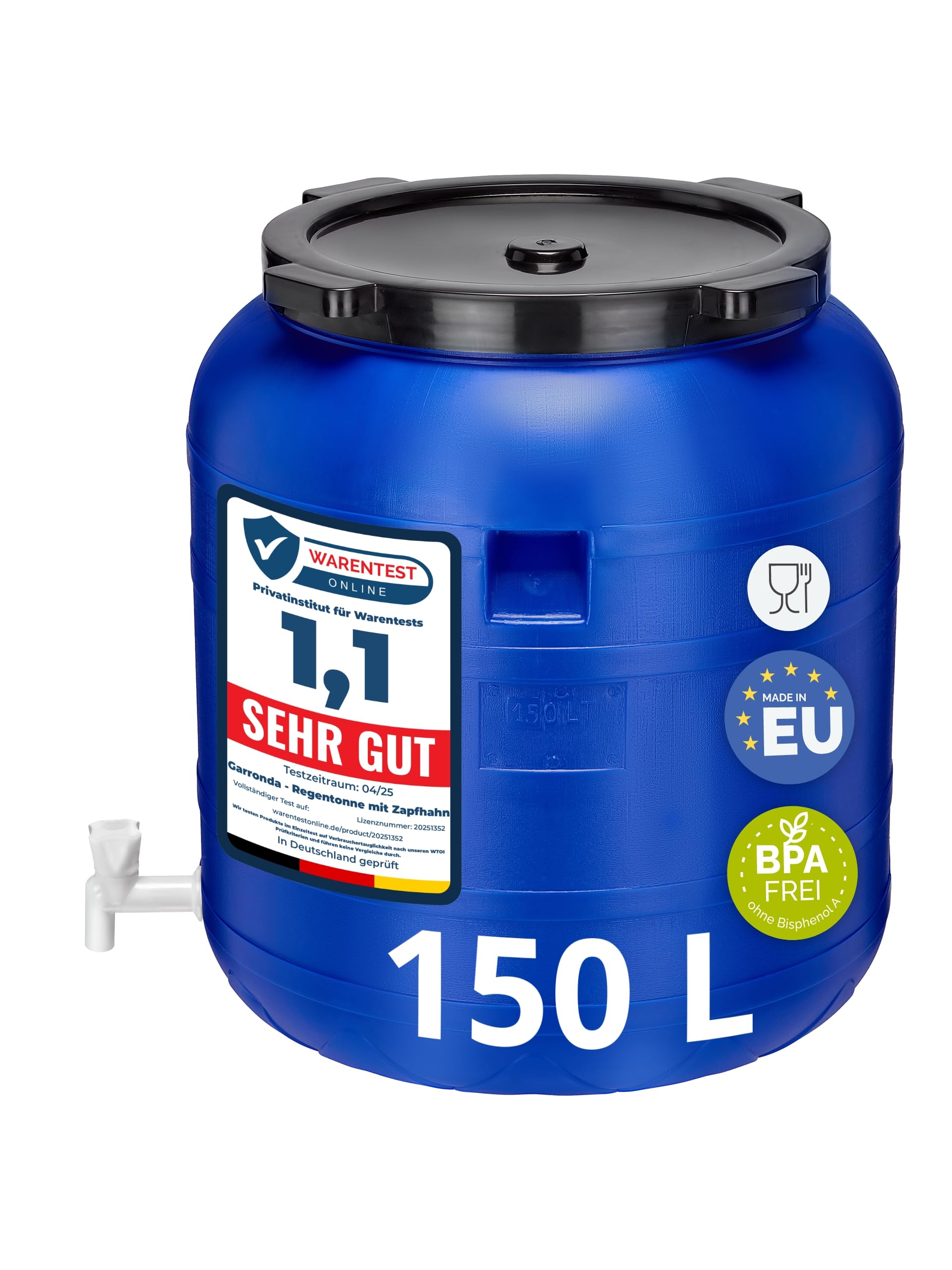 Garronda 150 Liter Weithalsfass BPA-frei Futtertonne Fass mit Hahn Universalfass Lebensmittel Fass Regenfass für Garten Regentonne mit Deckel Regenwassertonne für Garten Wassertonne GD-0092, Blau