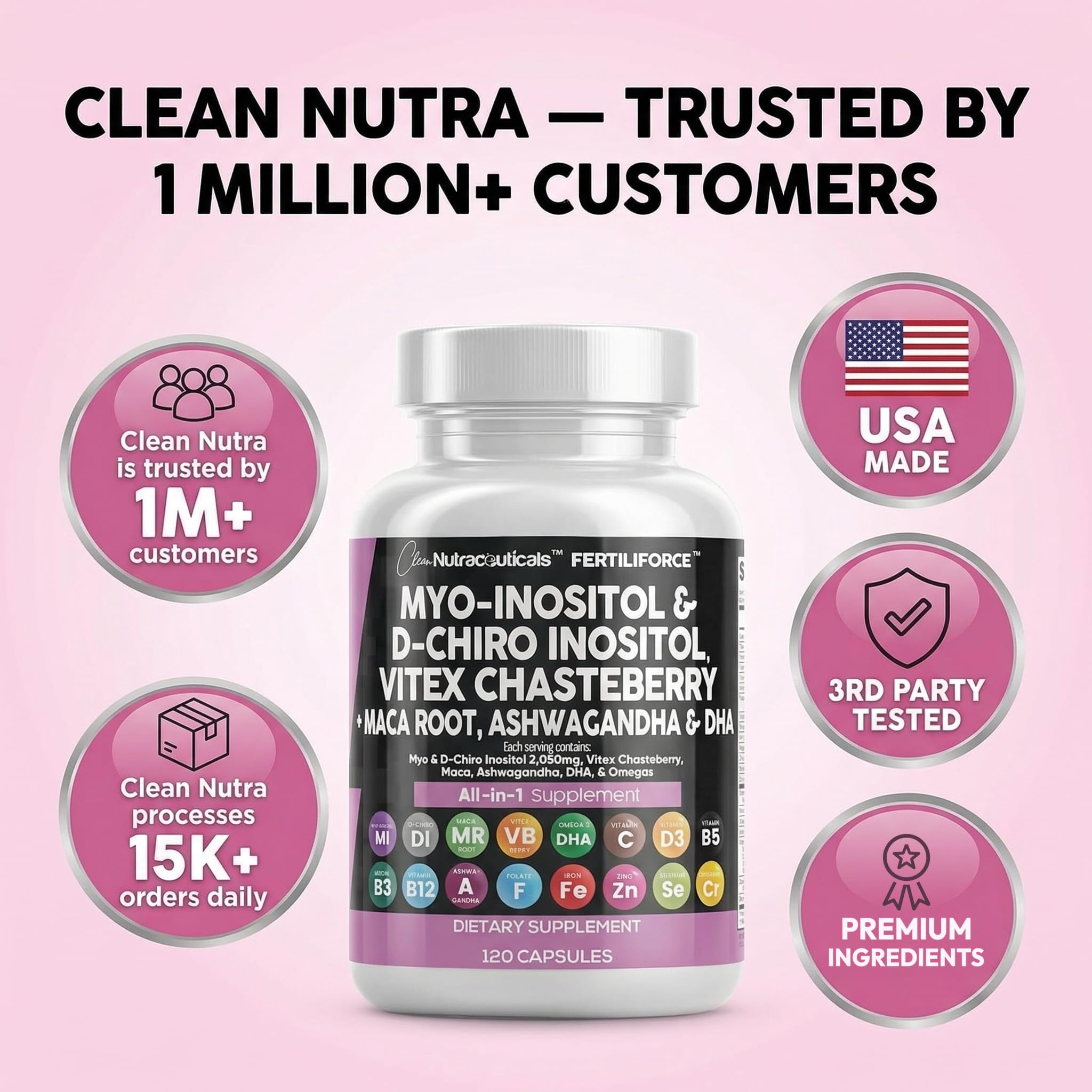Clean Nutraceuticals Myo-Inositol & D-Chiro Inositol 2050mg Fertility Supplement 40:1 Ratio - Prenatal Vitamins for Women with Ashwagandha Maca Root Vitex Chasteberry Iron DHA Folic Acid DIM Zinc (1) — Amazon image 8