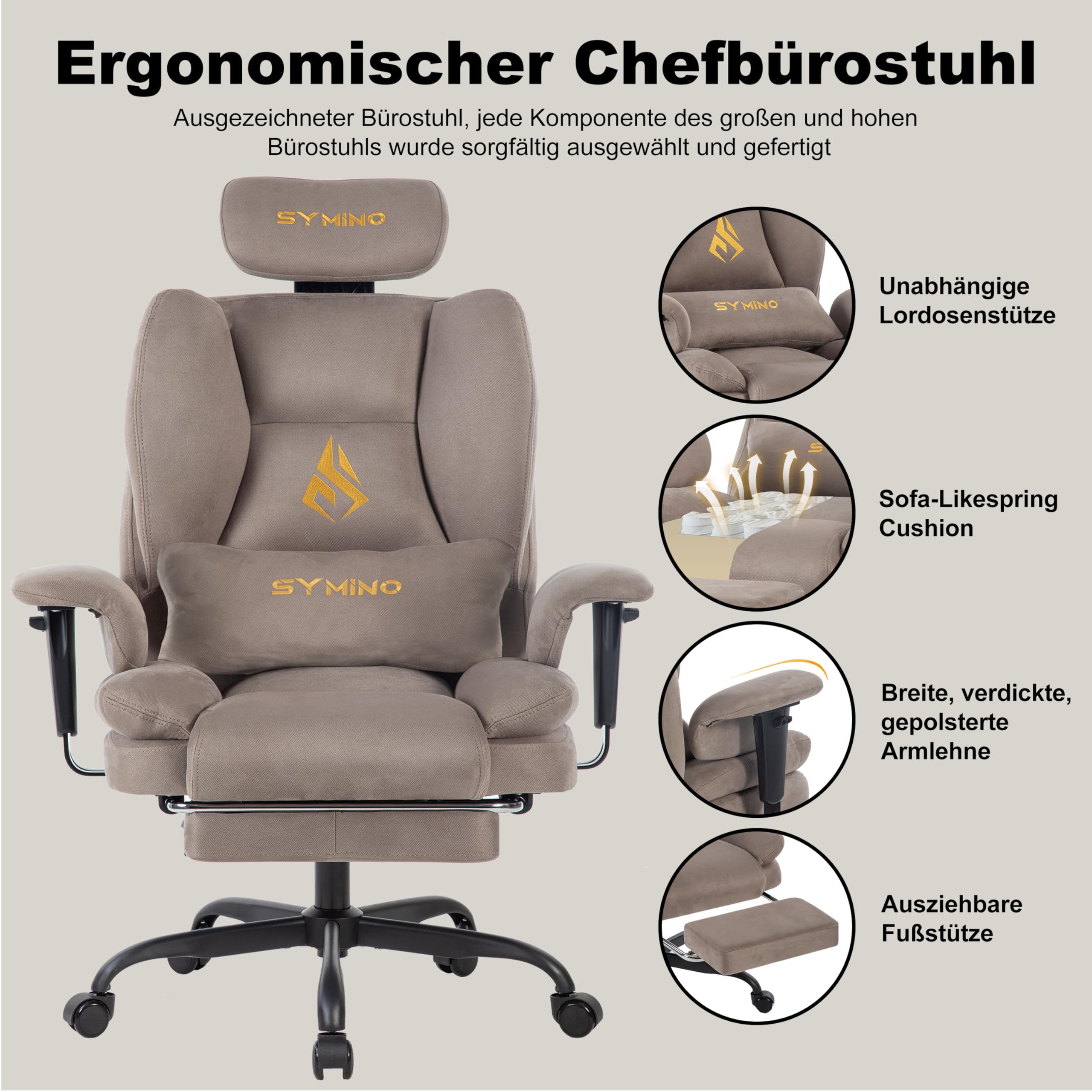 Symino Gaming Stuhl Chefsessel Bürostuhl Ergonomisch, Twill-Stoff Sofa-ähnliches Schreibtischstuhl mit Fußstütze Höhenverstellbarer Office Chair Computerstuhl 130kg, Braun