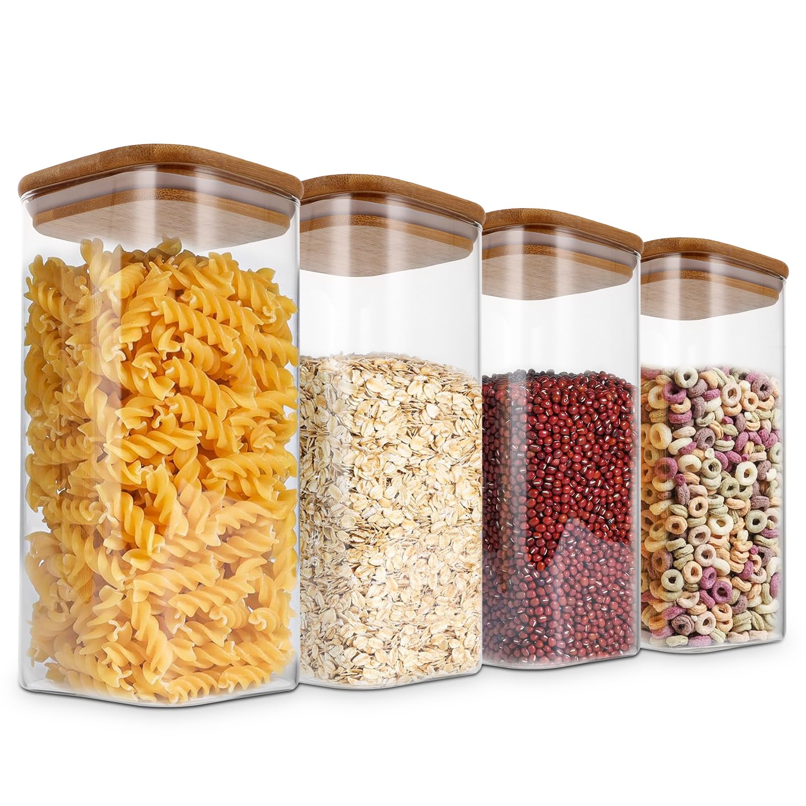 WOPPLXY Lot de 4 Bocaux en Verre Hermétique, 1500ml Bocaux Rangement Cuisine, Bocauxs Verre Couvercle Bois pour Conserver les Grains de Café, Noix, Biscuits, Pâtes, Grains | Hautement hermétique ; 10 x 10 x 20 cm (L x l x H) ; convient pour stocker des cé