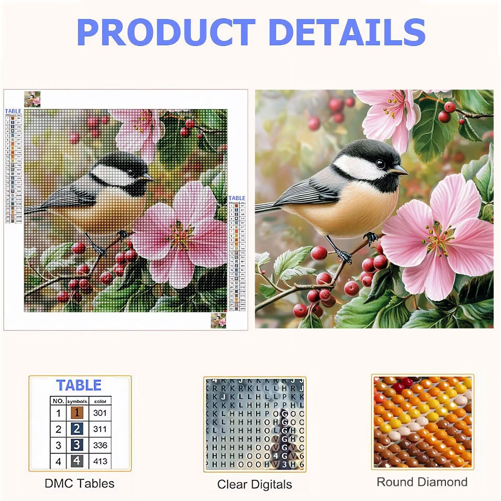 Broderie Diamant Kit Complet 5D, Oiseau Diamond Painting Adulte Plein Foret, Peinture Diamant pour Adulte Enfant Débutant, Loisirs Créatifs de Détente et Décoration Maison, Fleur 80x80cm FX#977