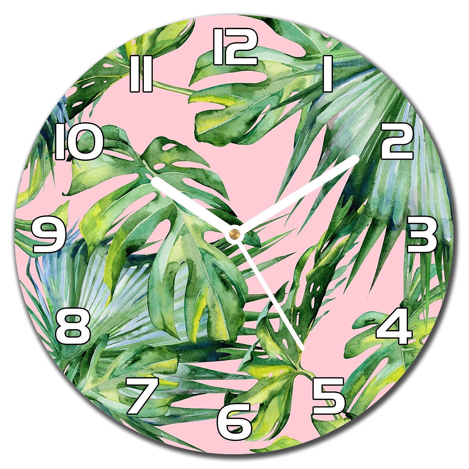 Horloge murale en verre design de feuilles tropicales pour décorer un salon moderne et lumineux