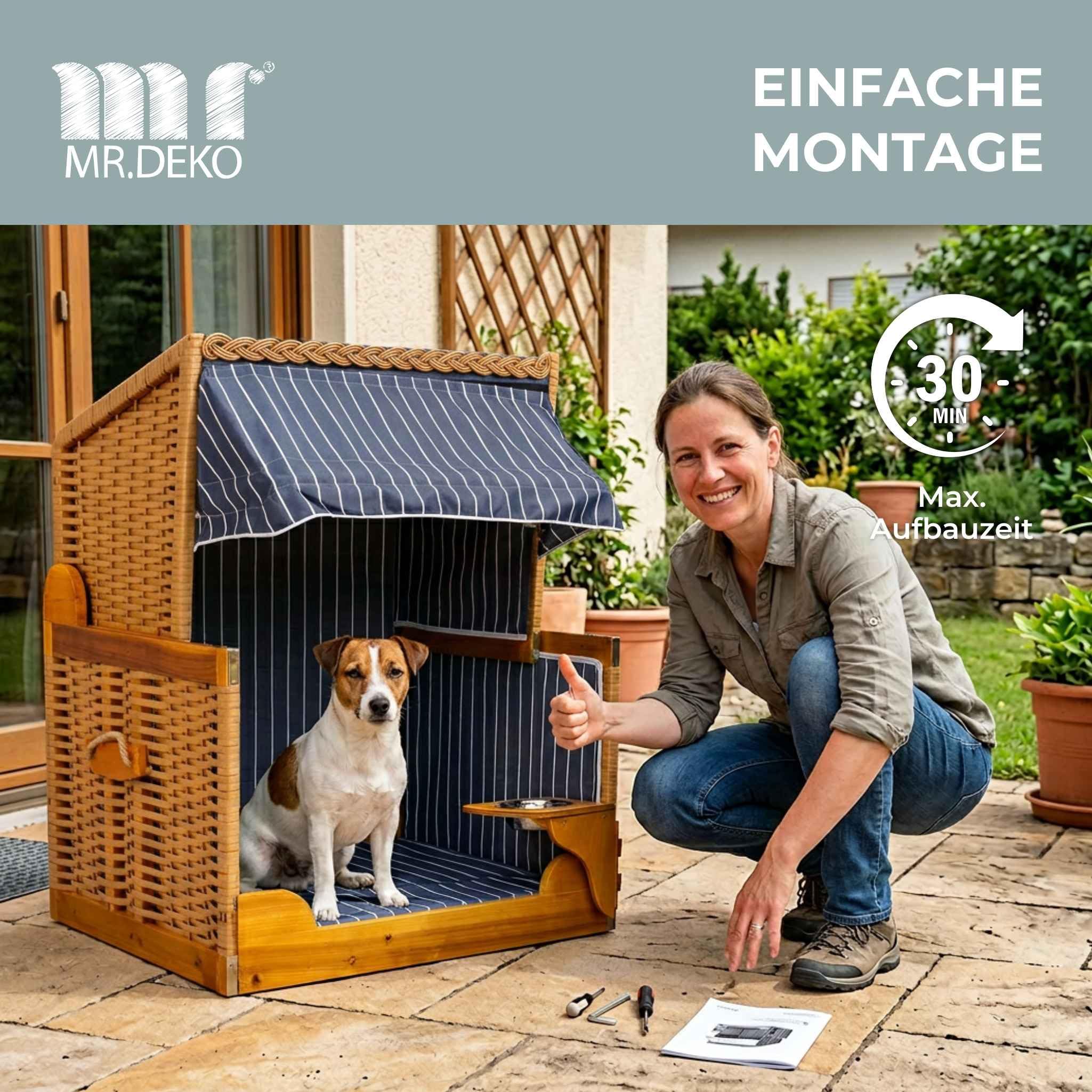 MR. DEKO® Panier Plage Chien genévrier PE Beige | Motif rayé Bleu | Niche extérieure ombragée | Protection Solaire Animaux | Couchage Chien Chat | Bol Eau pivotant INOX Inclus