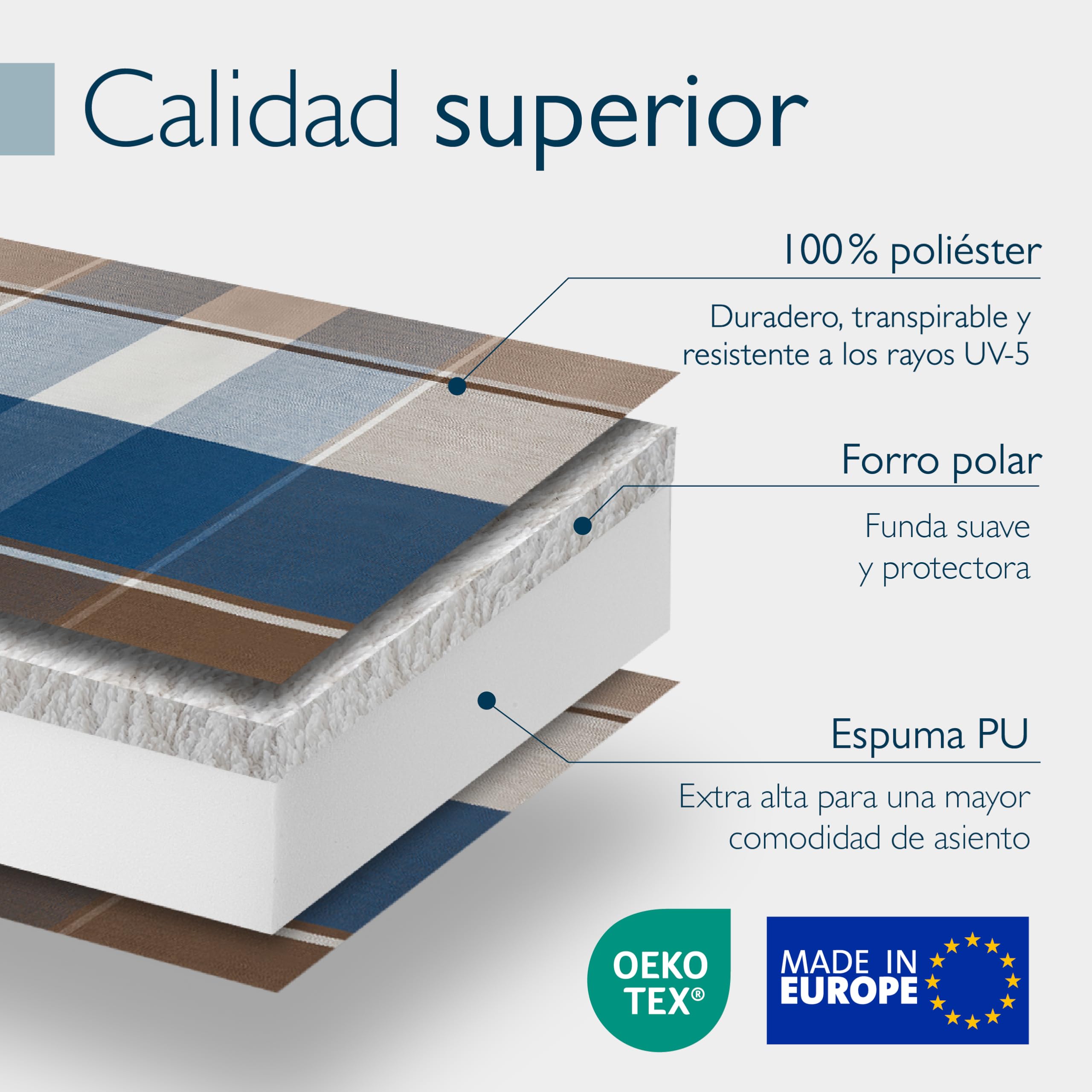 Beautissu Set de 2 Cojines para Sillas de Balcón con Respaldo Alto 120x50cm – Almohadillas de 7cm para Exterior, Tumbonas y Terrazas – HighLux HL – Marrón-Azul a Cuadros – Hecho en la UE