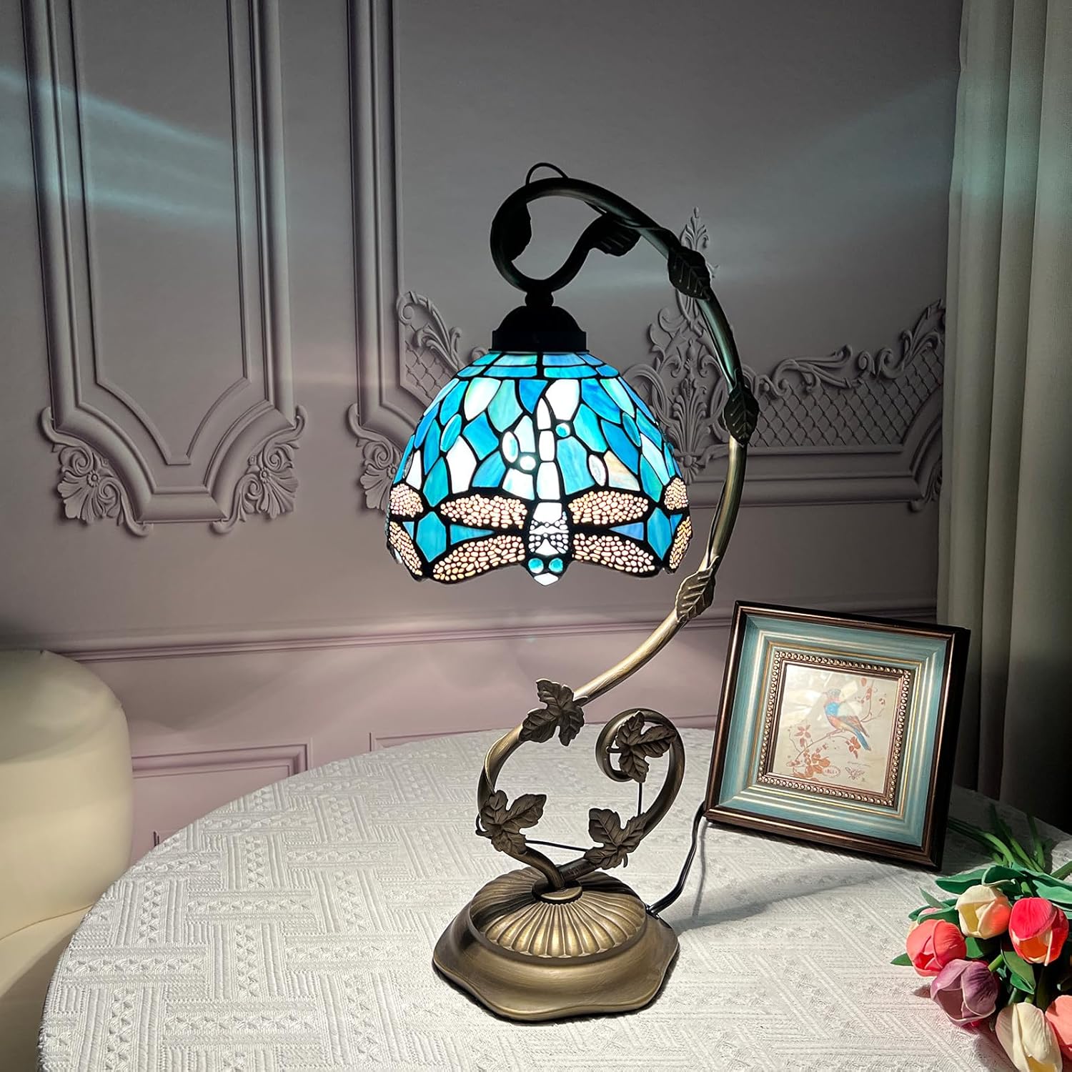 ARTZONE Tiffany Table Lamp, Tiffany Table Lights Antique Stained Glass Bedside Table Lamp for Bedside/Desk Reading/Living Room/Home Office/Bedroom(Dragonfly)