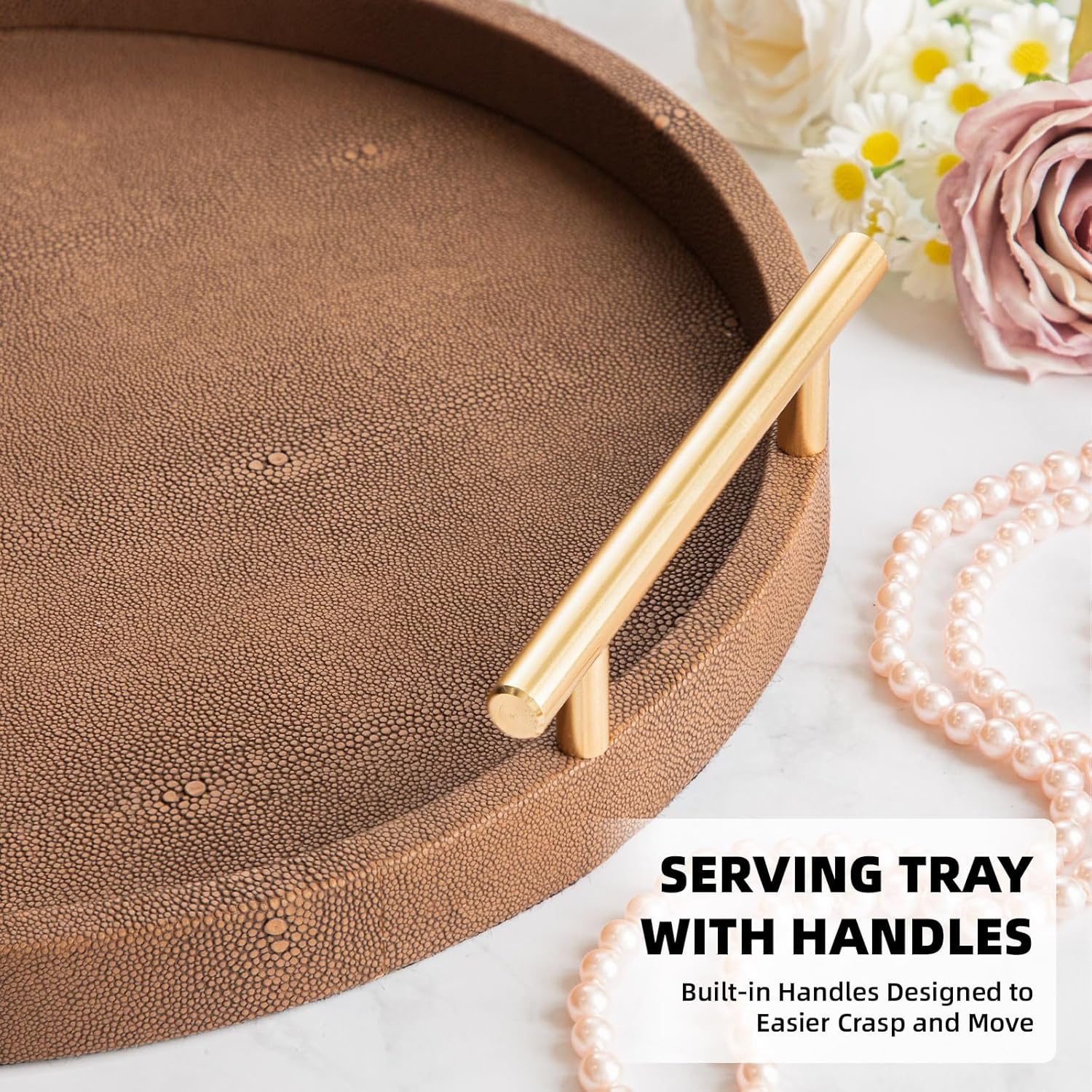 Set of 2 Round Shagreen Serving Tray, Modern Decorative Tray with Gold Polished Metal Handles, Coffee Table Ottoman Trays Perfume Trays Living Room Bathroom Home Decor (Brown) - Image 4