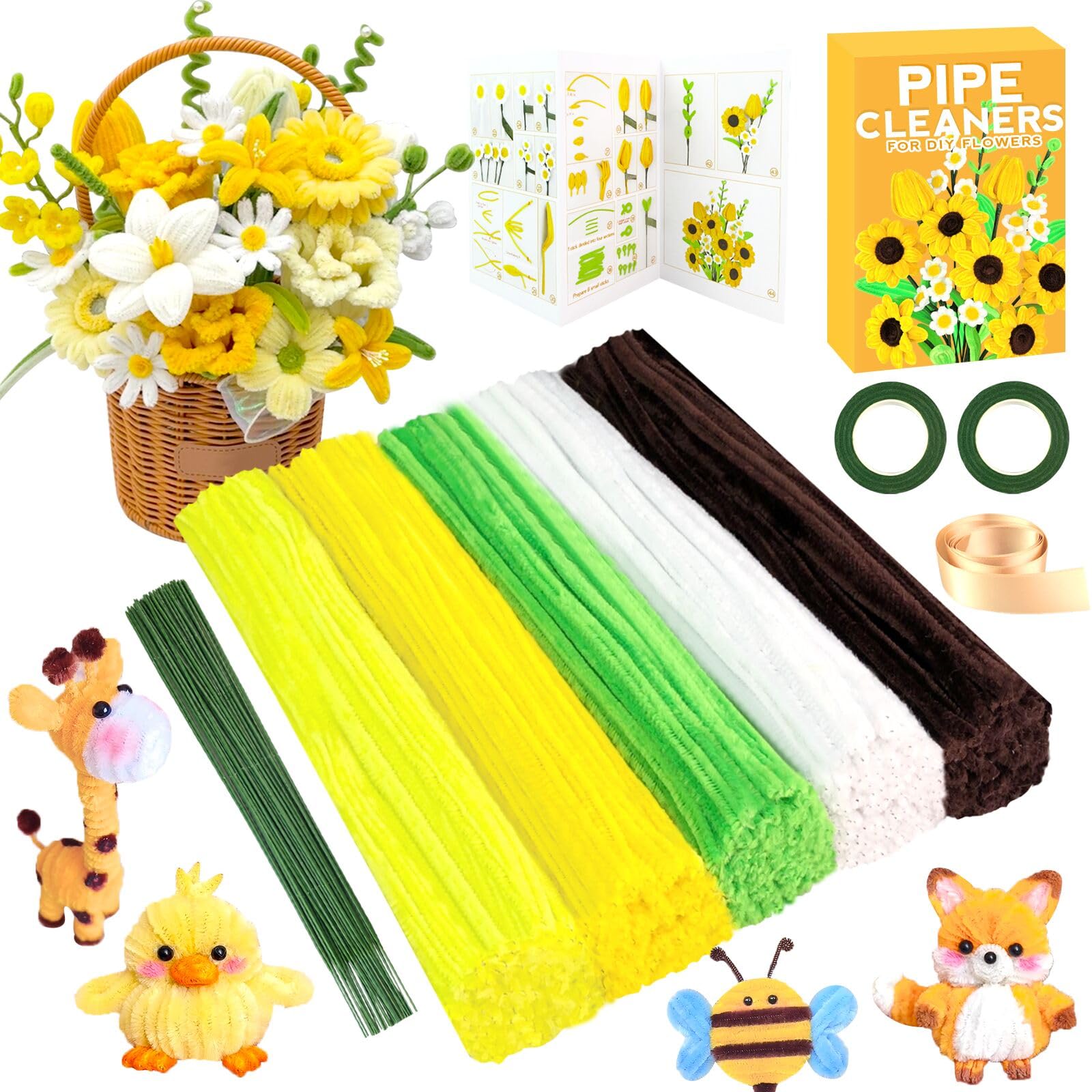 ZEIZHUBN Pfeifenreiniger Blumen Set, 270 Stück Pfeifenputzer zum Basteln, Pfeifenreiniger zum Basteln, 5 Farben Pipe Cleaner mit Blumendraht, Blumenband für Blumenstrauß DIY Dekorationen