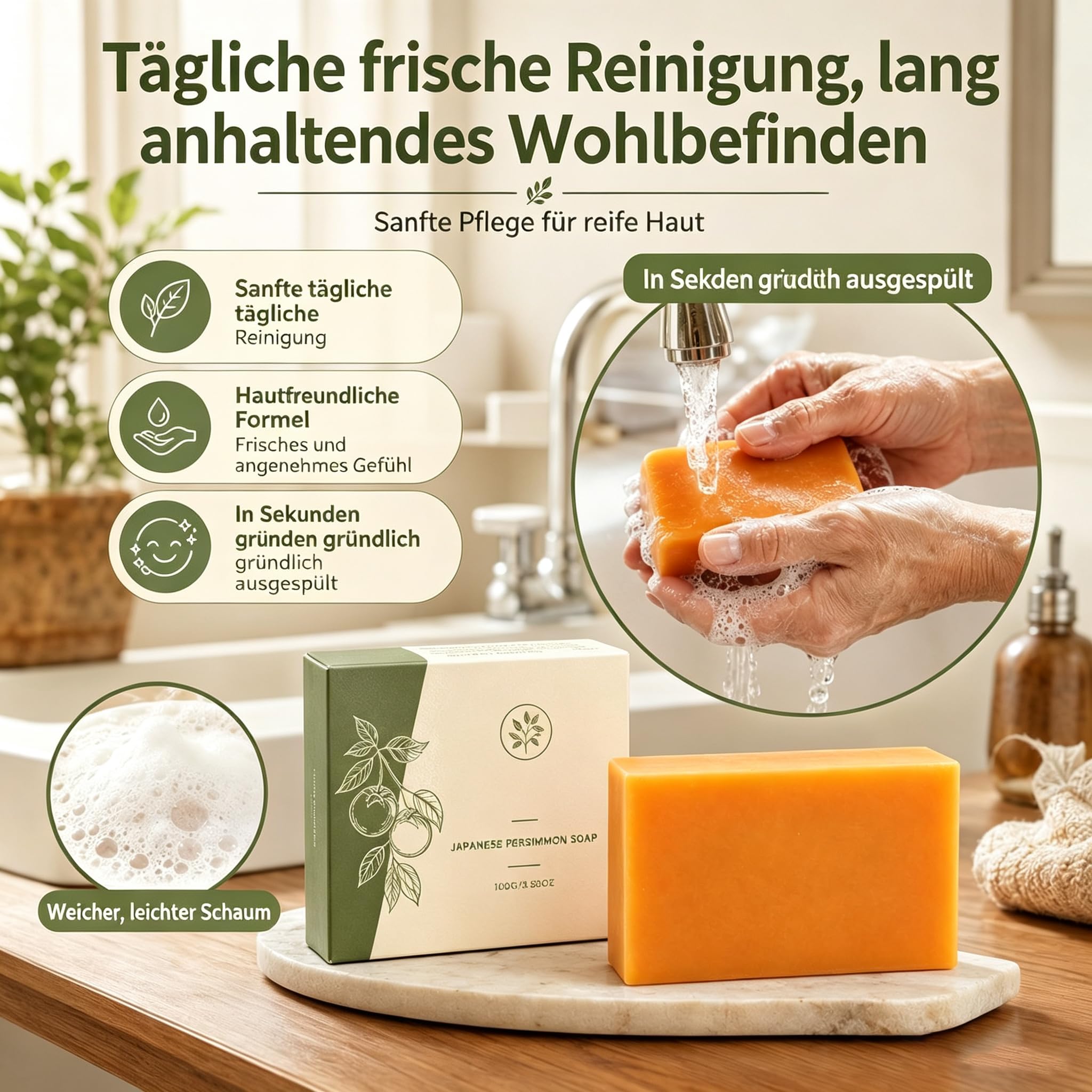 Kaori Original Persimmon Soap mit natürlicher Persimone | Feuchtigkeitsspendende Kaori Persimmon Seife für reife Haut, mit natürlicher Persimone, reinigend und desodorierend