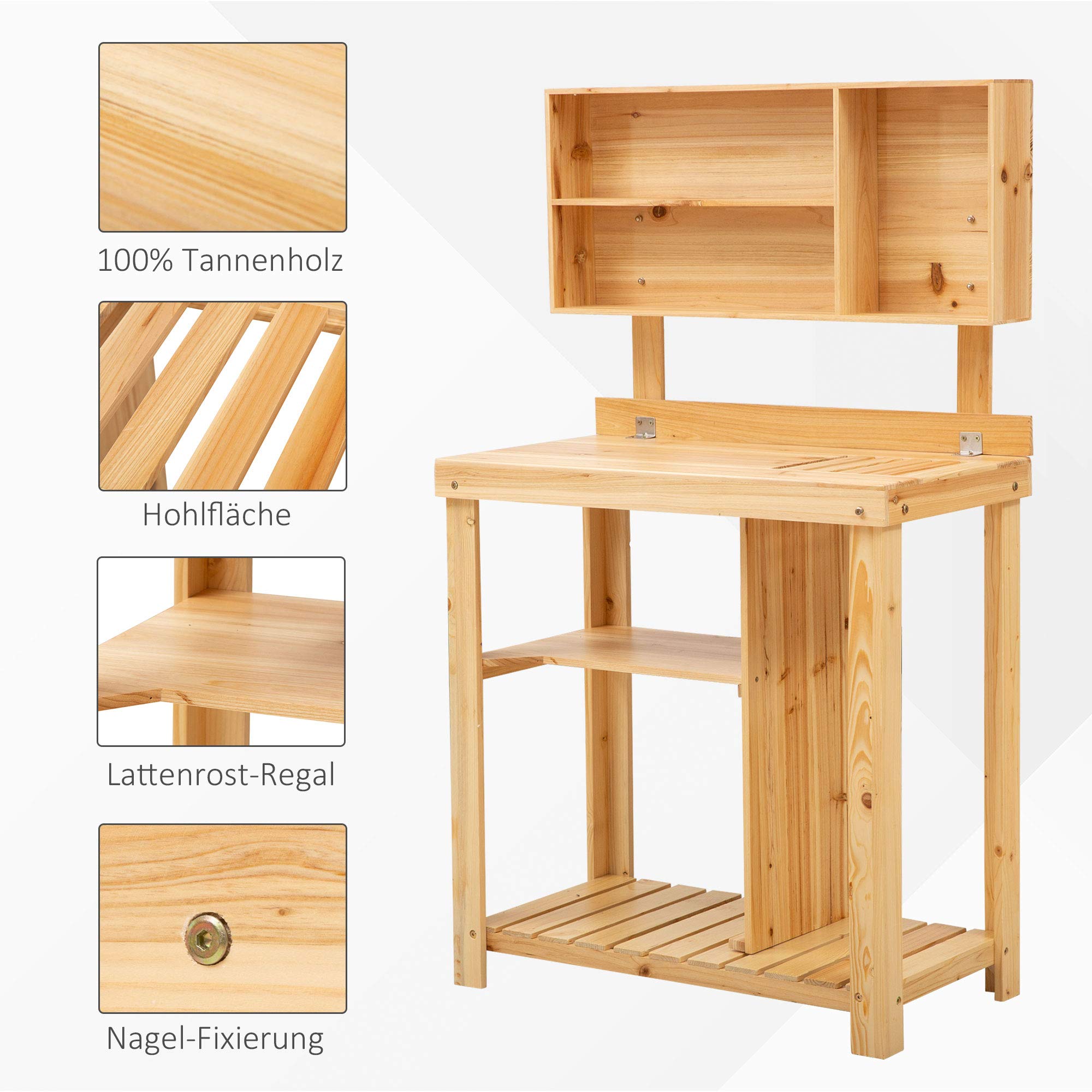 Outsunny Pflanztisch Gartenarbeitstisch für Garten Balkon und Terrasse, Gartentisch mit Ablage, Blumenregal Blumenständer aus Tannenholz, 80 x 43 x 136,5 cm, Natur
